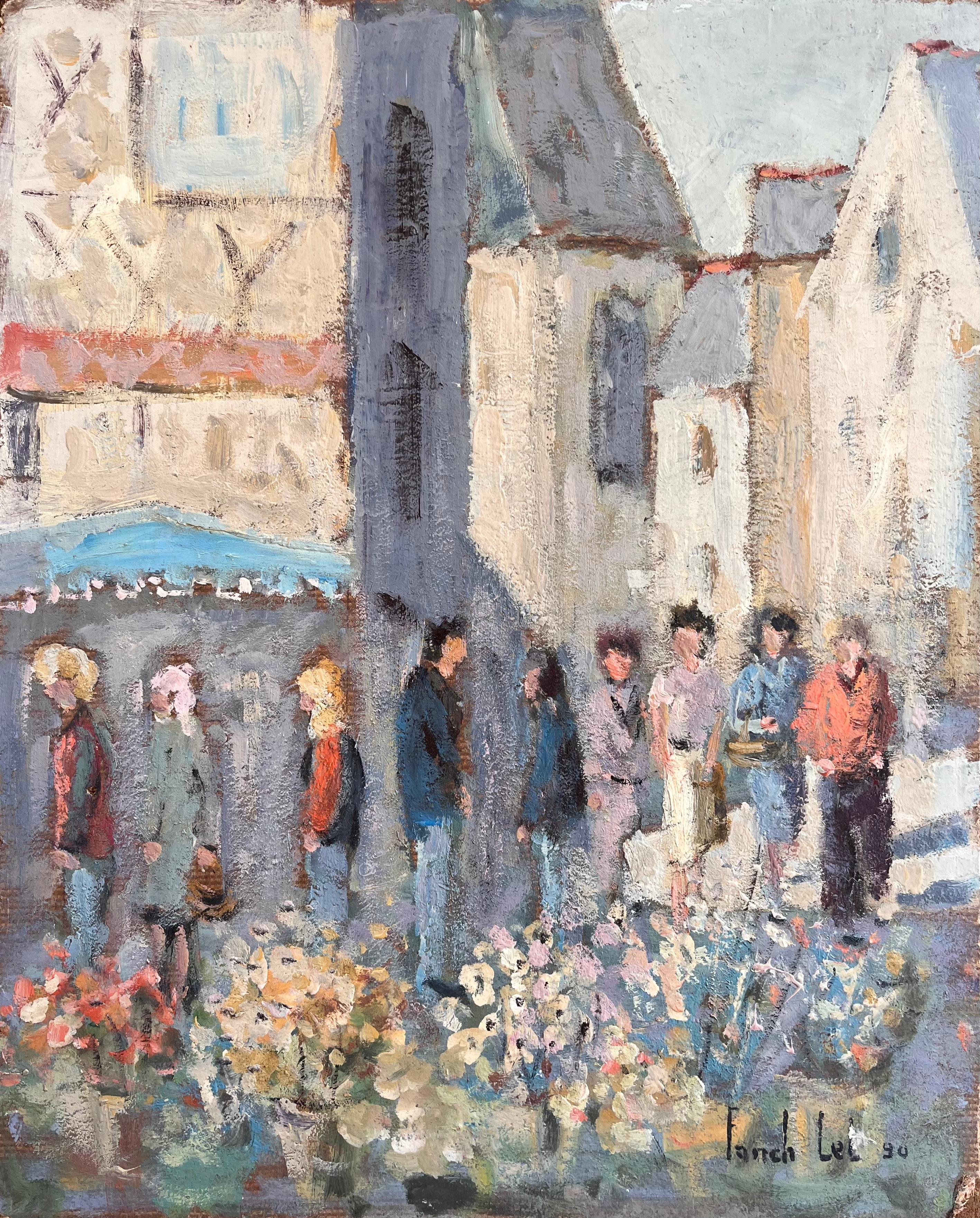 Scène de marché à fleurs impressionniste française avec figures et église en pierre