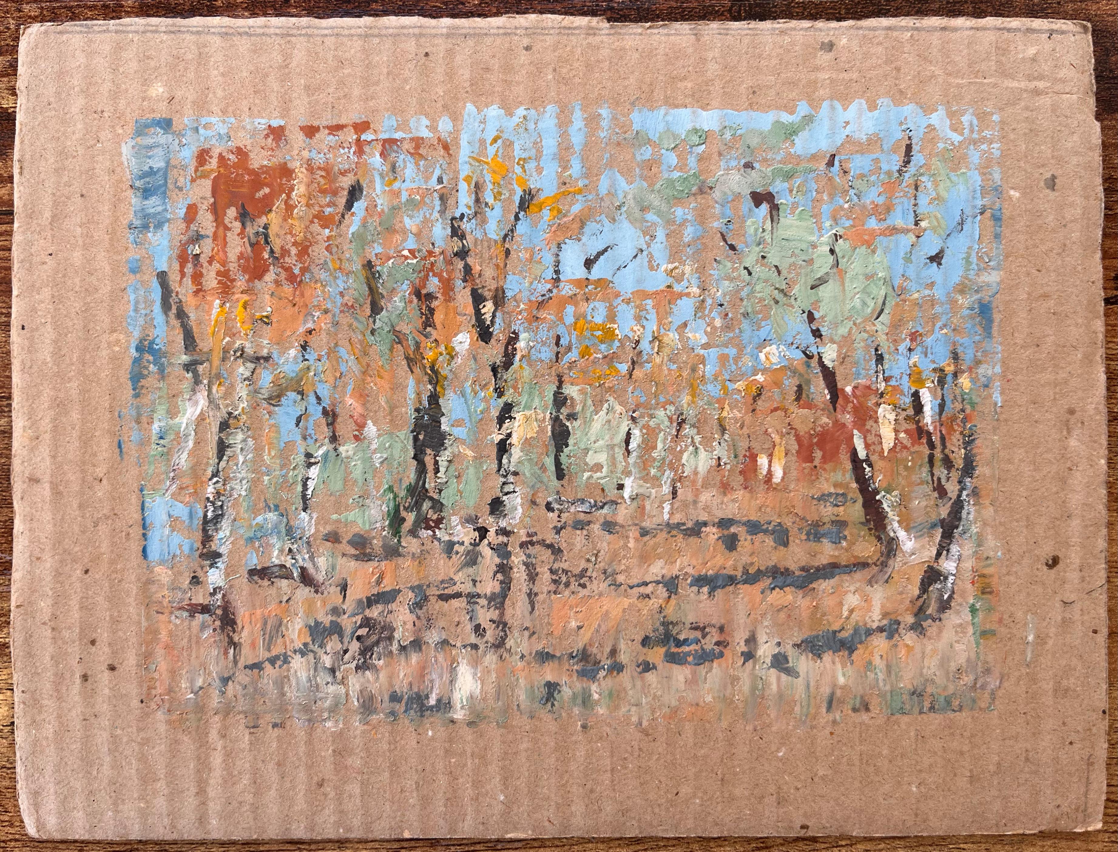 French Impressionist Forest Landscape with Autumn Trees on Cardboard - Painting by Fanch Lel