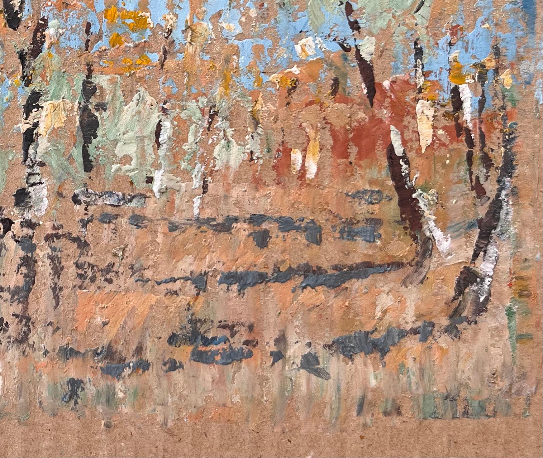 French Impressionist Forest Landscape with Autumn Trees on Cardboard - Brown Landscape Painting by Fanch Lel