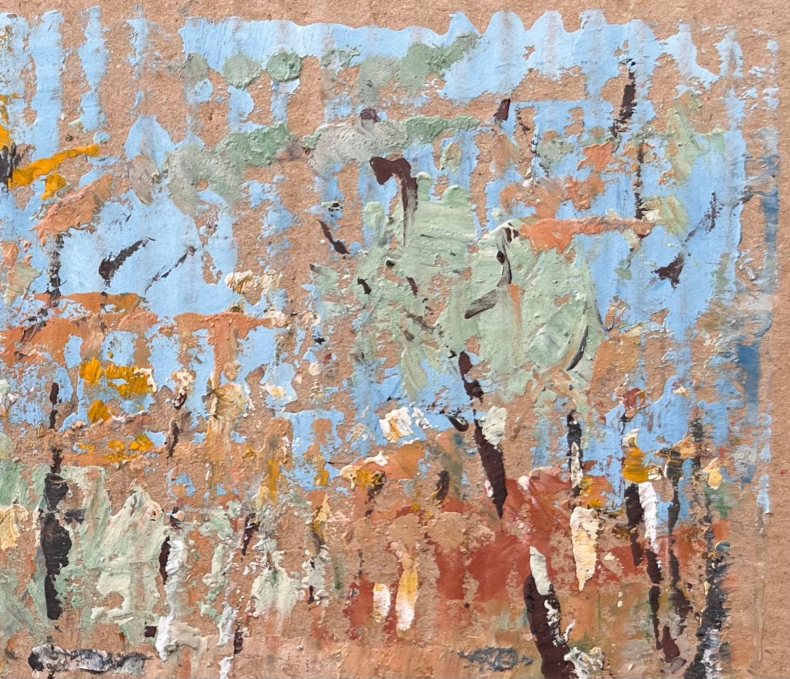 Title: French Impressionist Forest Landscape with Autumn Trees on Cardboard
By Fanch Lel
Size: 7.25 x 9.5 inches (height x width)
Oil painting on cardboard, unframed
Condition: The painting is in good condition with expressive texture throughout;