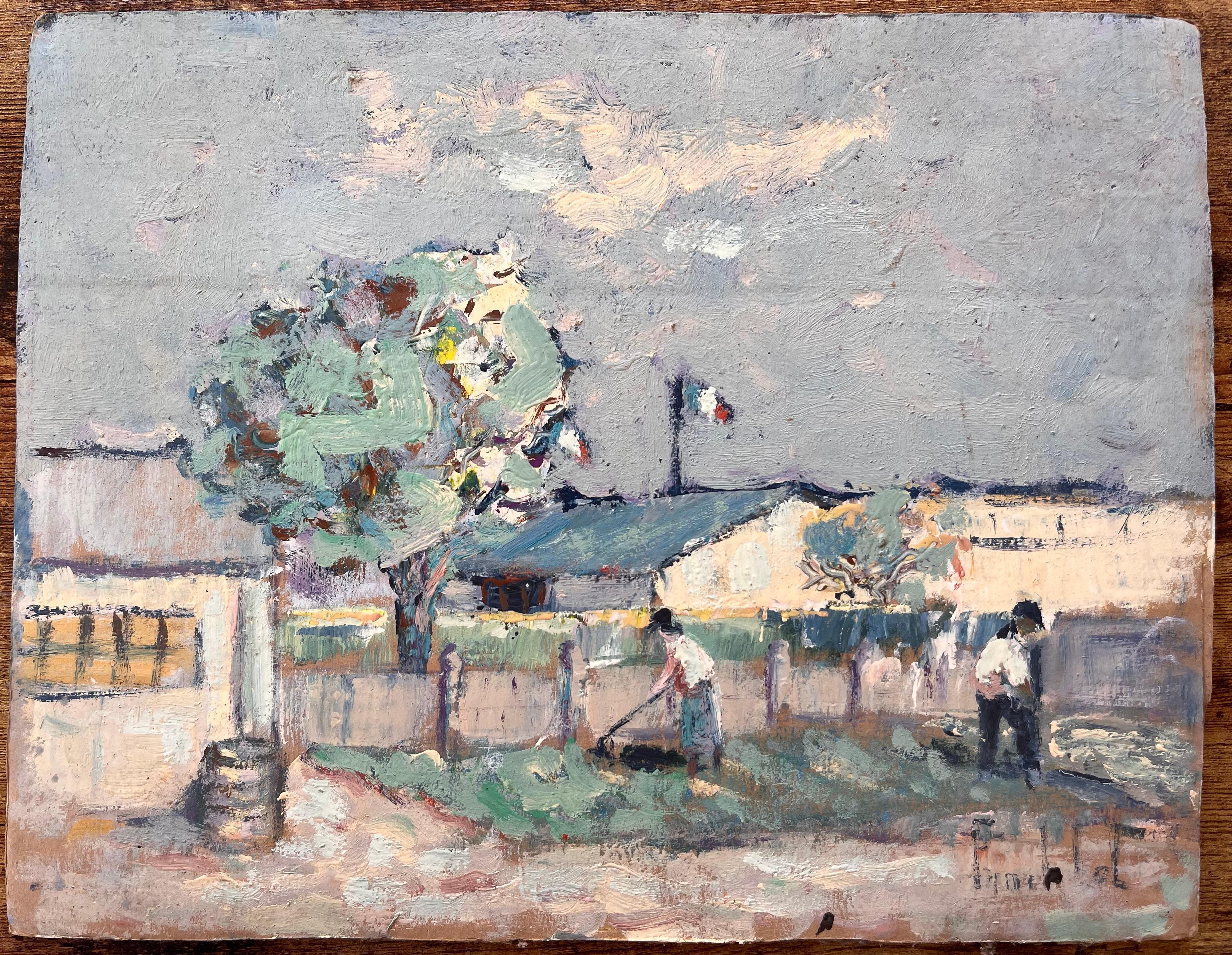 Französische impressionistische Gartenszene des Impressionismus mit Arbeitsern, dreifarbige Flagge und Landschaft – Painting von Fanch Lel
