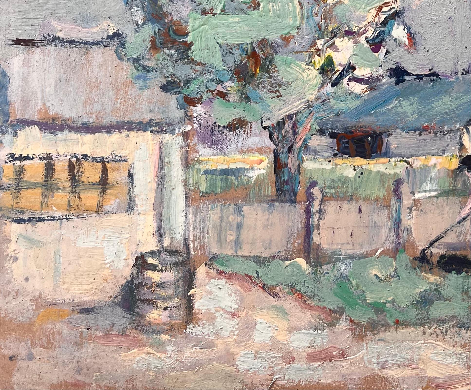 Titel: Französischer Impressionismus - Gartenszene mit Arbeiterfahne und Landschaft
Von Fanch Lel
Unterschrieben: Ja
Größe: 10,75 x 13,75 Zoll (Höhe x Breite)
Ölgemälde auf Karton, ungerahmt
Zustand: Das Gemälde ist in gutem Zustand mit
