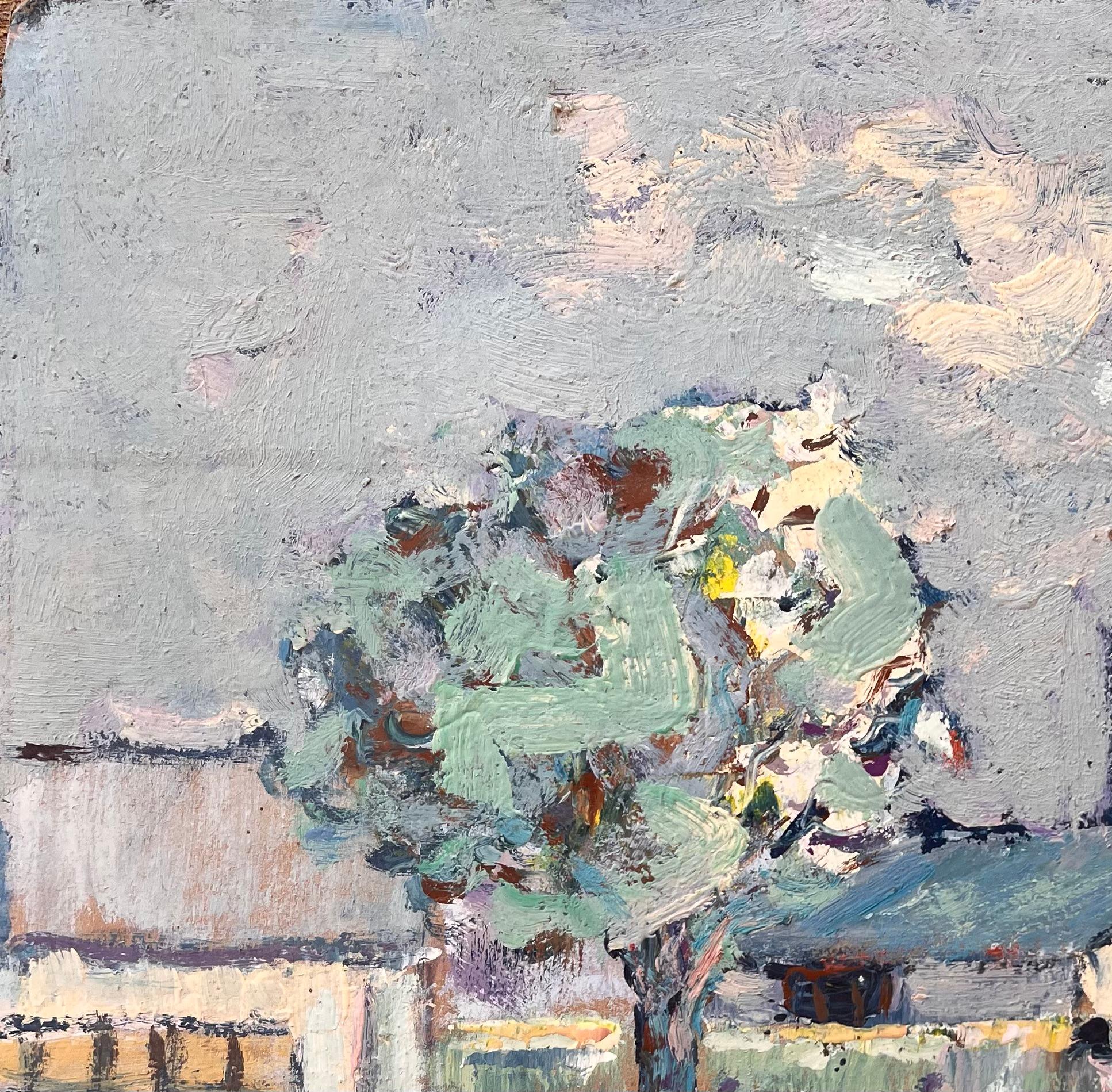 Französische impressionistische Gartenszene des Impressionismus mit Arbeitsern, dreifarbige Flagge und Landschaft im Angebot 1