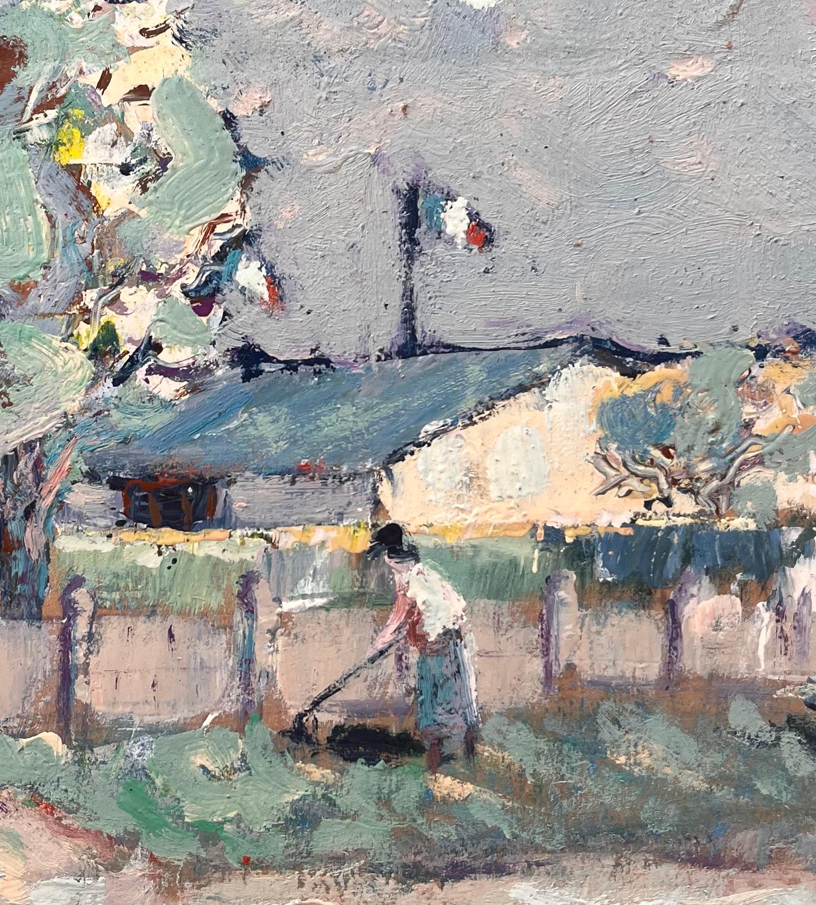 Französische impressionistische Gartenszene des Impressionismus mit Arbeitsern, dreifarbige Flagge und Landschaft im Angebot 3
