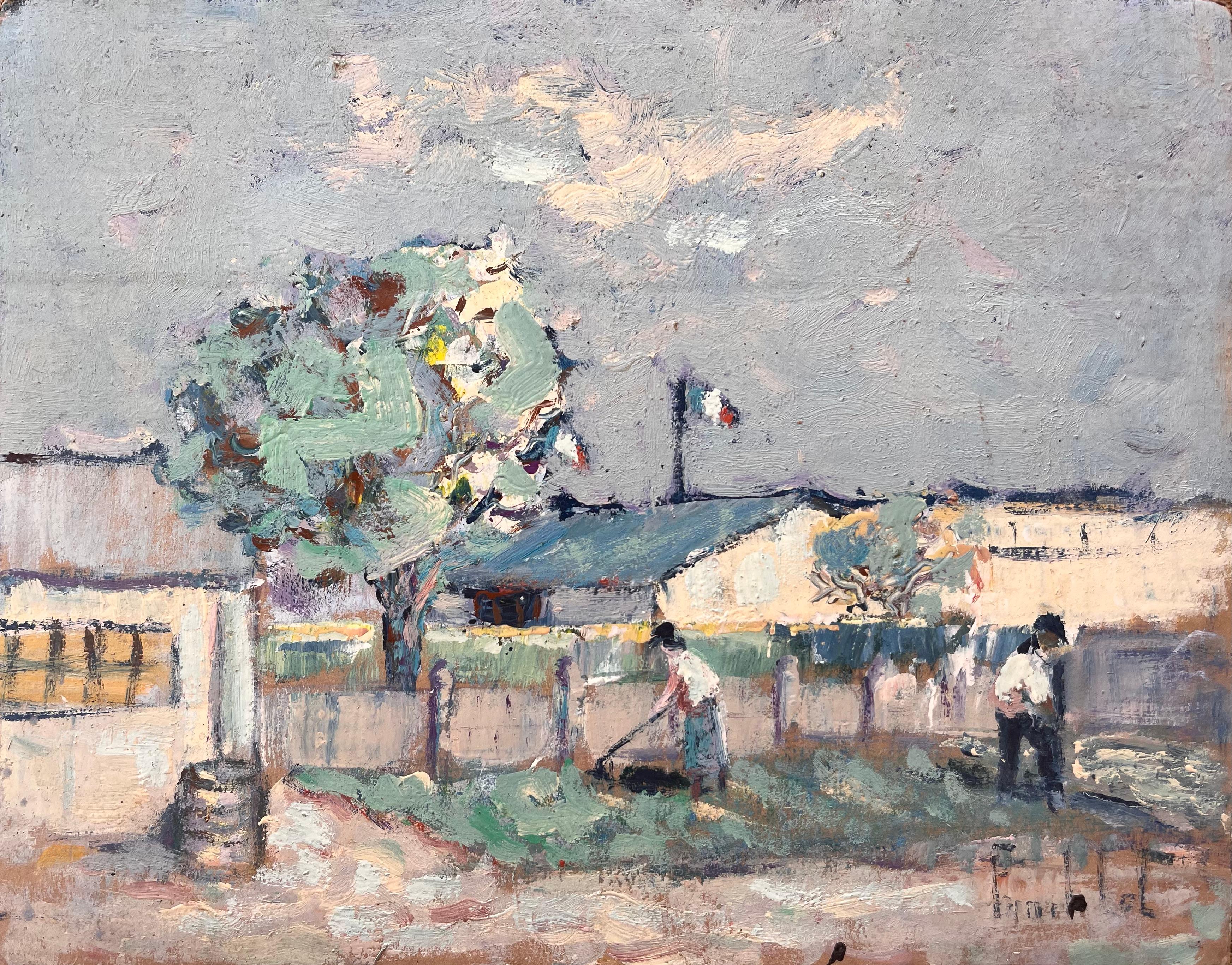 Fanch Lel Abstract Painting – Französische impressionistische Gartenszene des Impressionismus mit Arbeitsern, dreifarbige Flagge und Landschaft