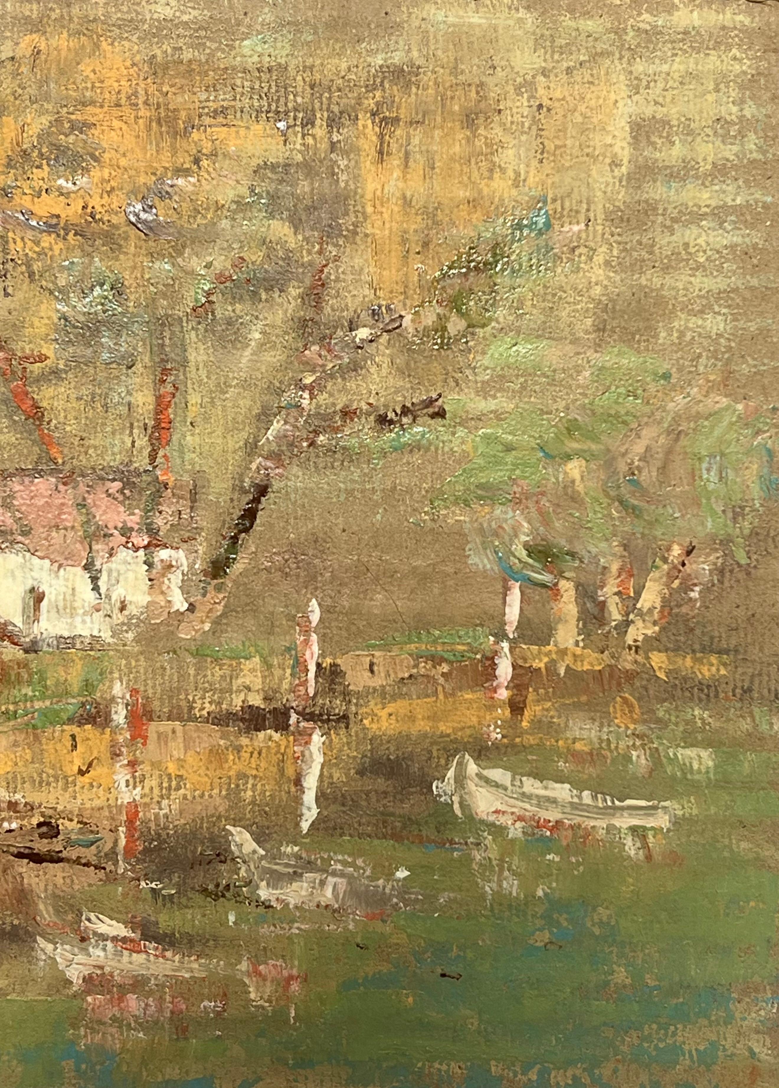 Impressionista francese Luce dorata Barche rustiche su acque ferme Pittura a olio - Painting di Fanch Lel