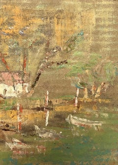 Pintura al óleo impresionista francesa Luz dorada Barcos rústicos en aguas tranquilas