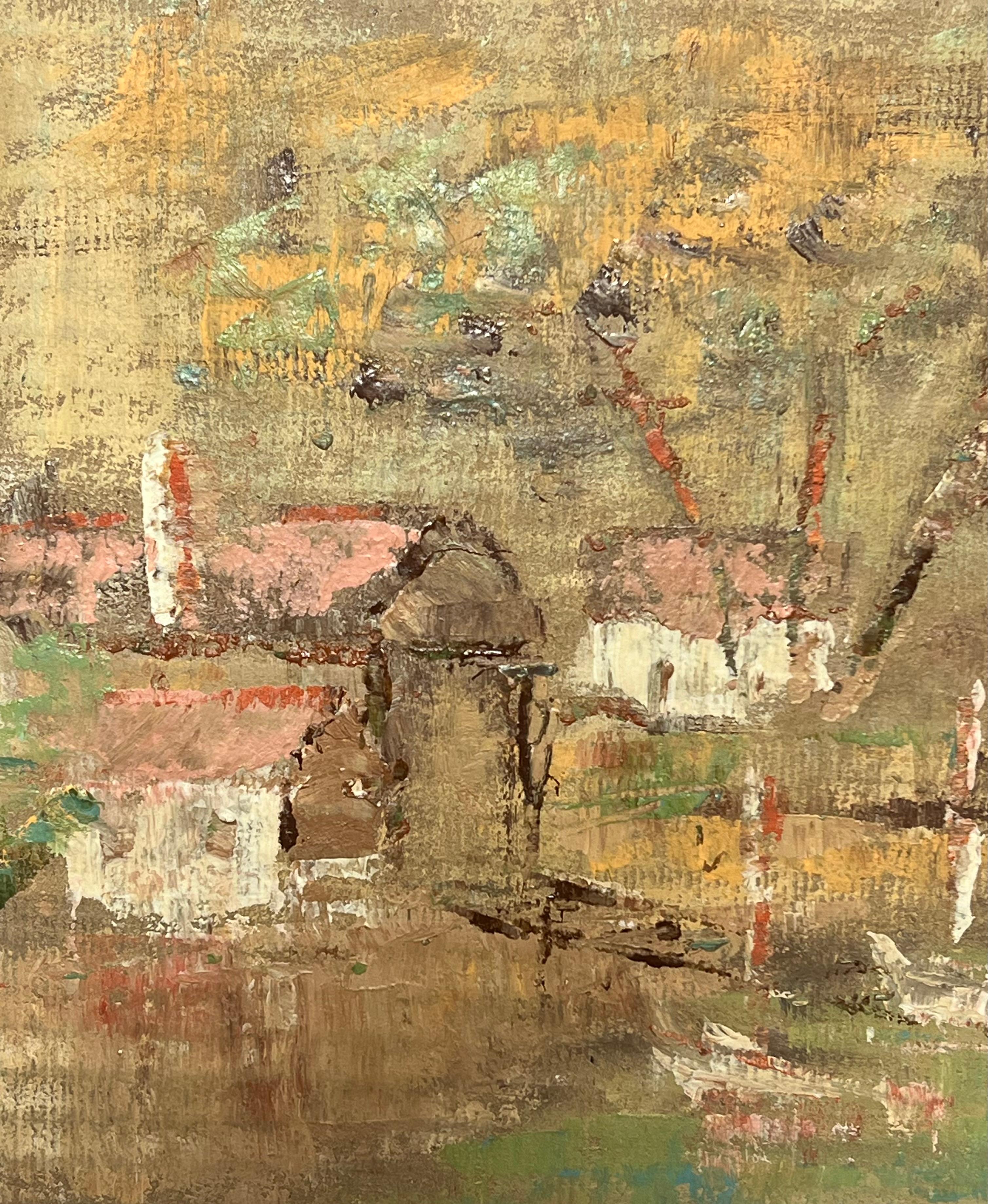 Impressionista francese Luce dorata Barche rustiche su acque ferme Pittura a olio - Painting Impressionismo di Fanch Lel