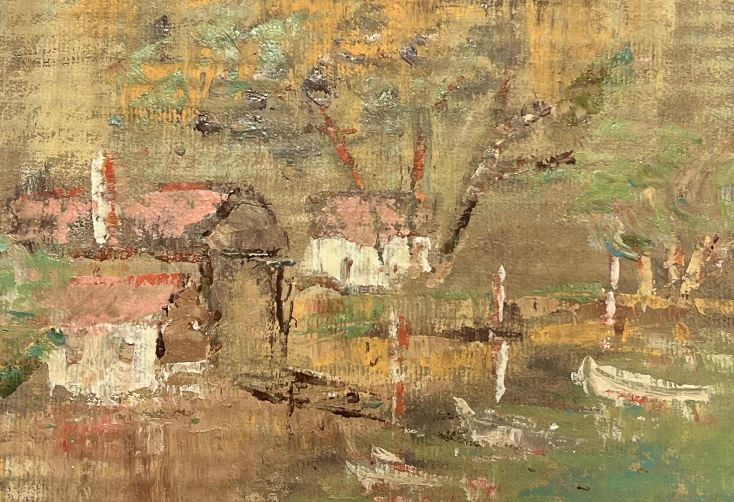Impressionista francese Luce dorata Barche rustiche su acque ferme Pittura a olio - Figurative Painting Marrone di Fanch Lel