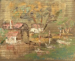 Impressionista francese Luce dorata Barche rustiche su acque ferme Pittura a olio