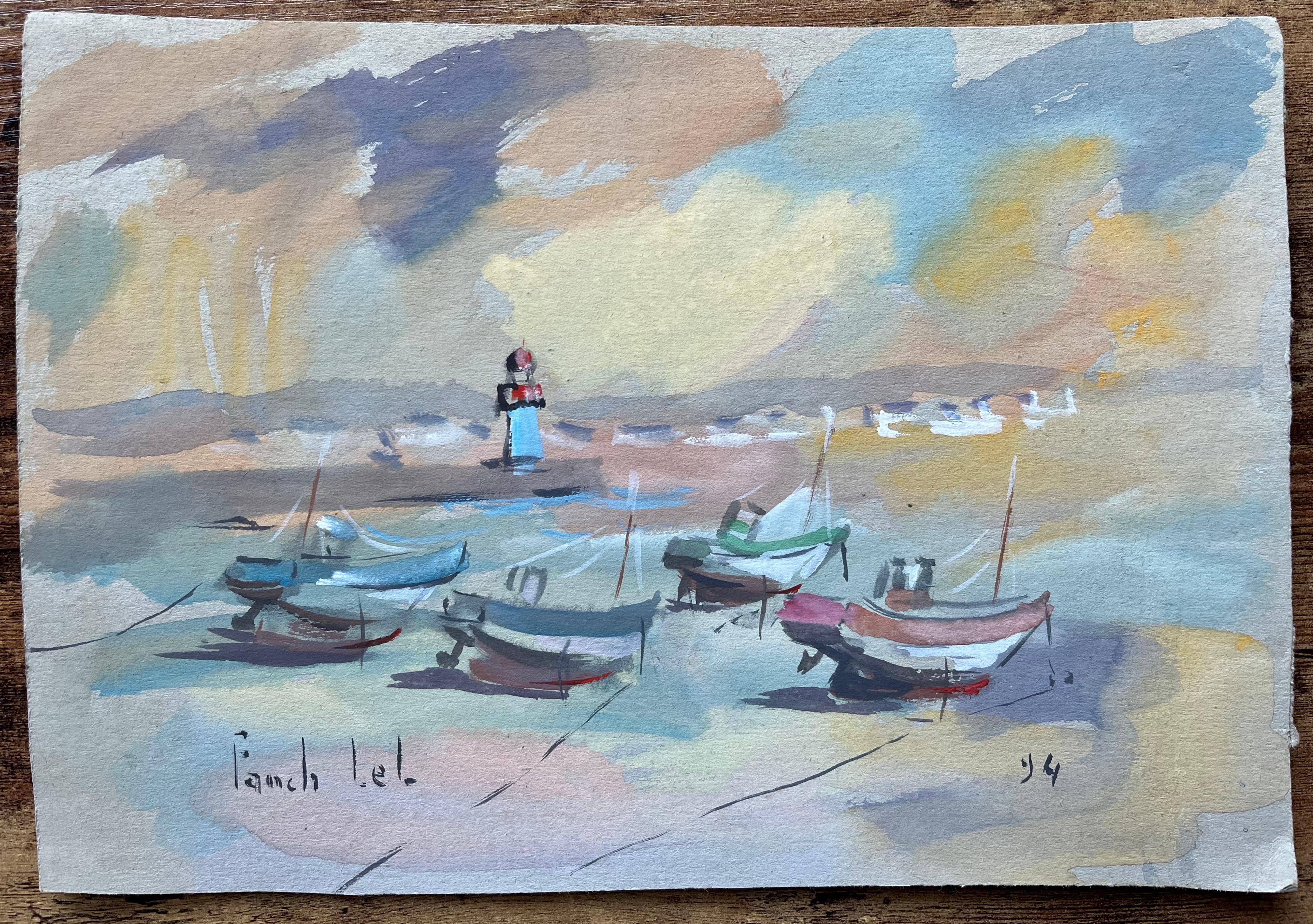 Französische impressionistische Gouache von Strand-Fischbooten und Leuchtturm- – Painting von Fanch Lel