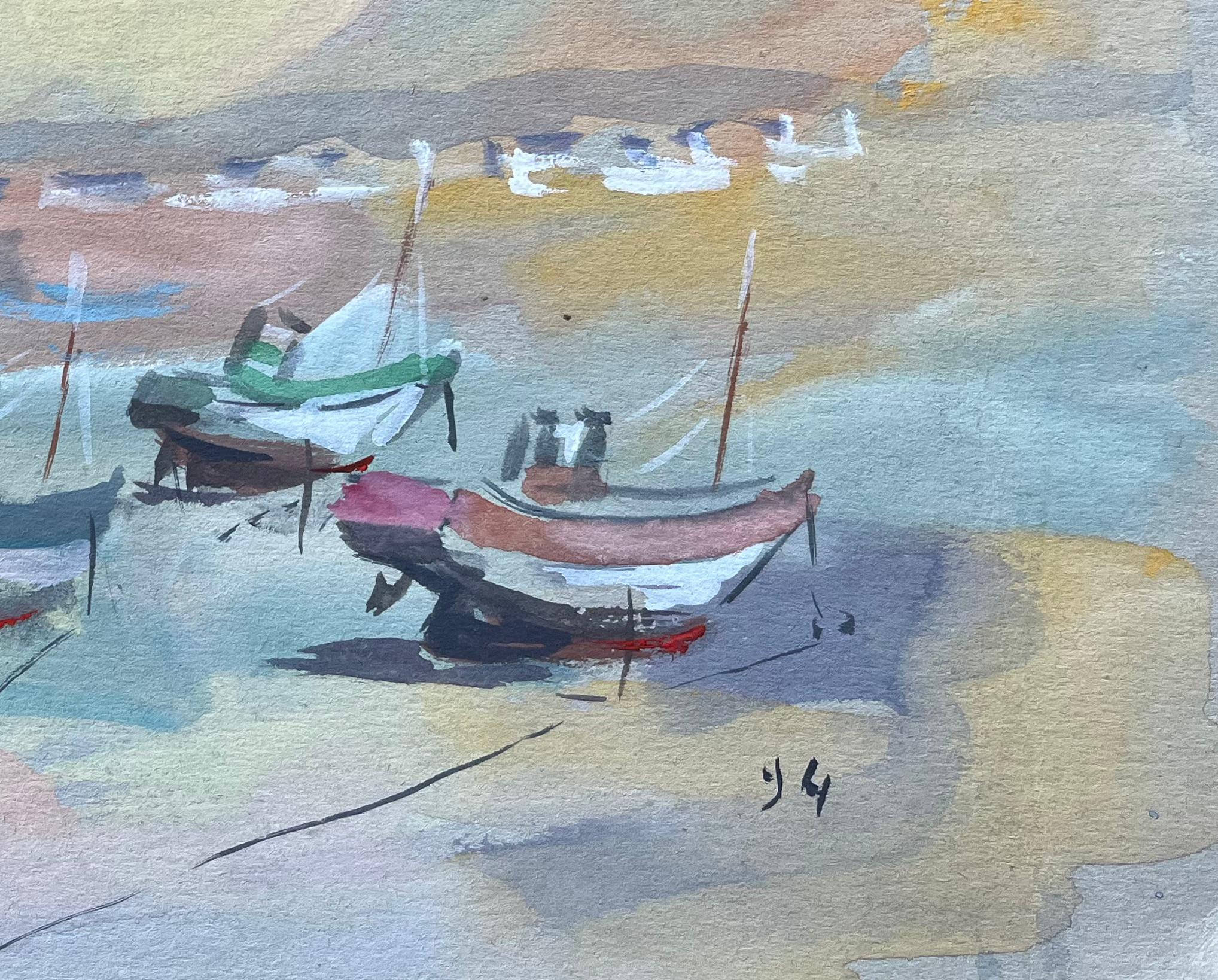 Französische impressionistische Gouache von Strand-Fischbooten und Leuchtturm- (Impressionismus), Painting, von Fanch Lel