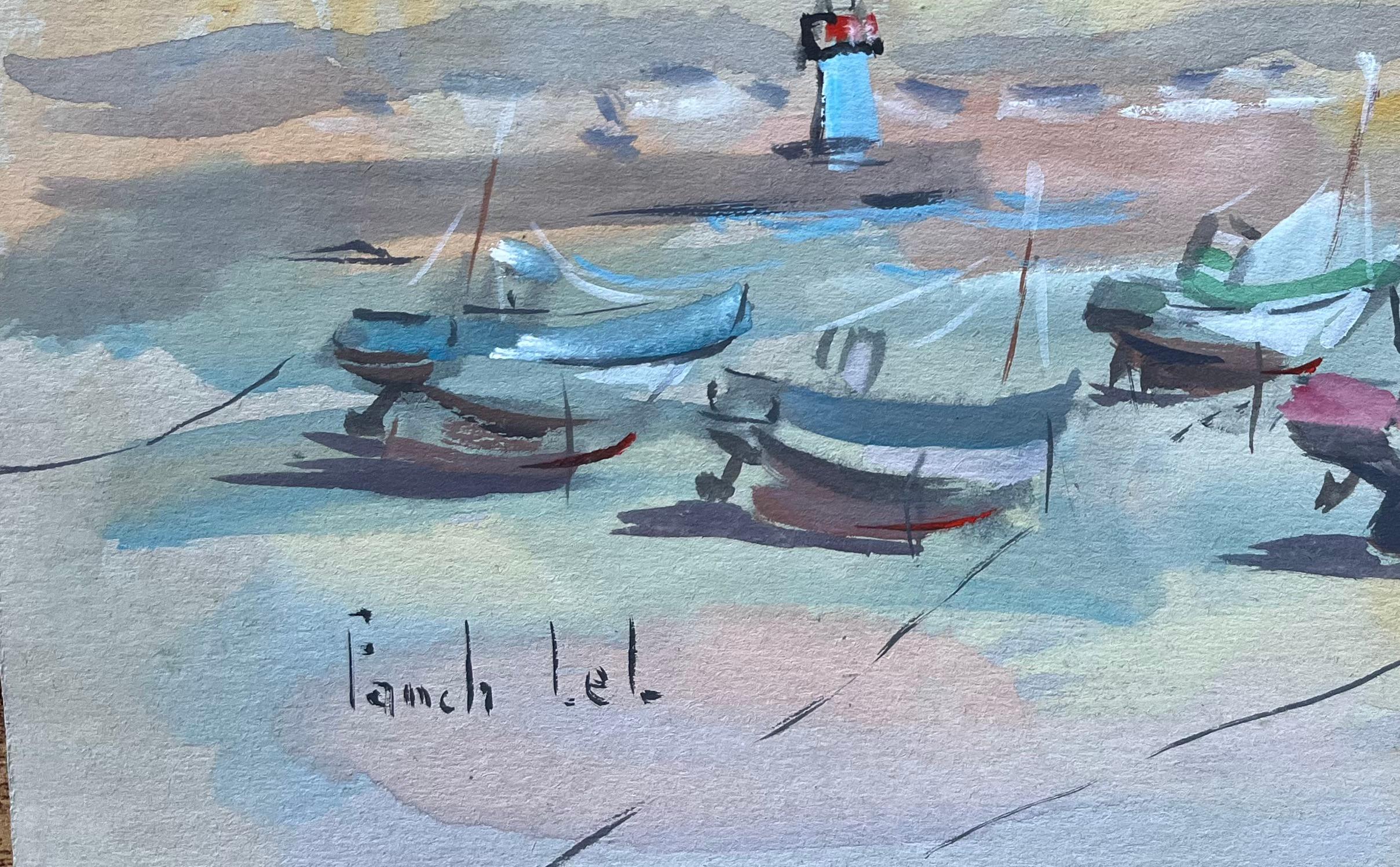 Französische impressionistische Gouache von Strand-Fischbooten und Leuchtturm- (Grau), Landscape Painting, von Fanch Lel