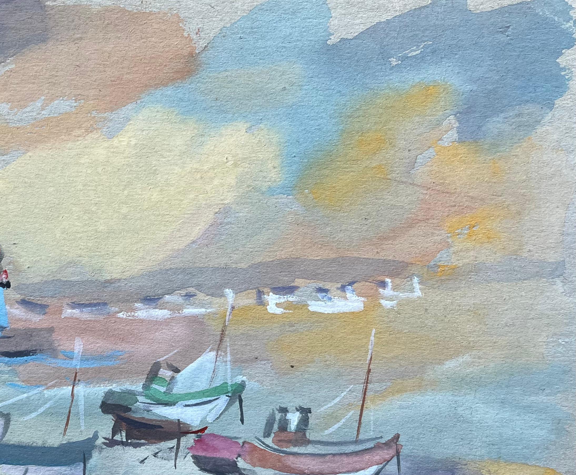 Französische impressionistische Gouache von Strand-Fischbooten und Leuchtturm- im Angebot 1