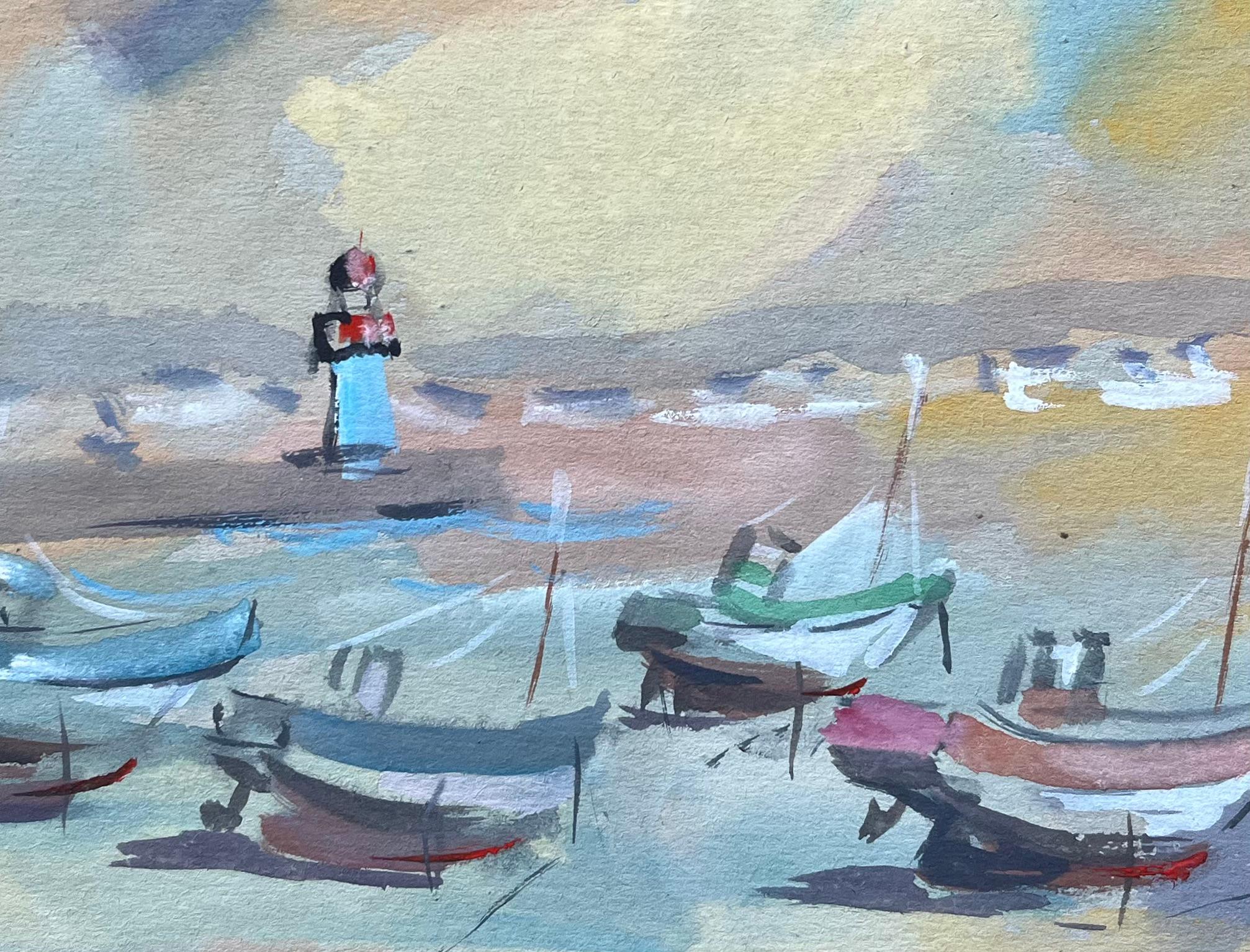 Französische impressionistische Gouache von Strand-Fischbooten und Leuchtturm- im Angebot 2