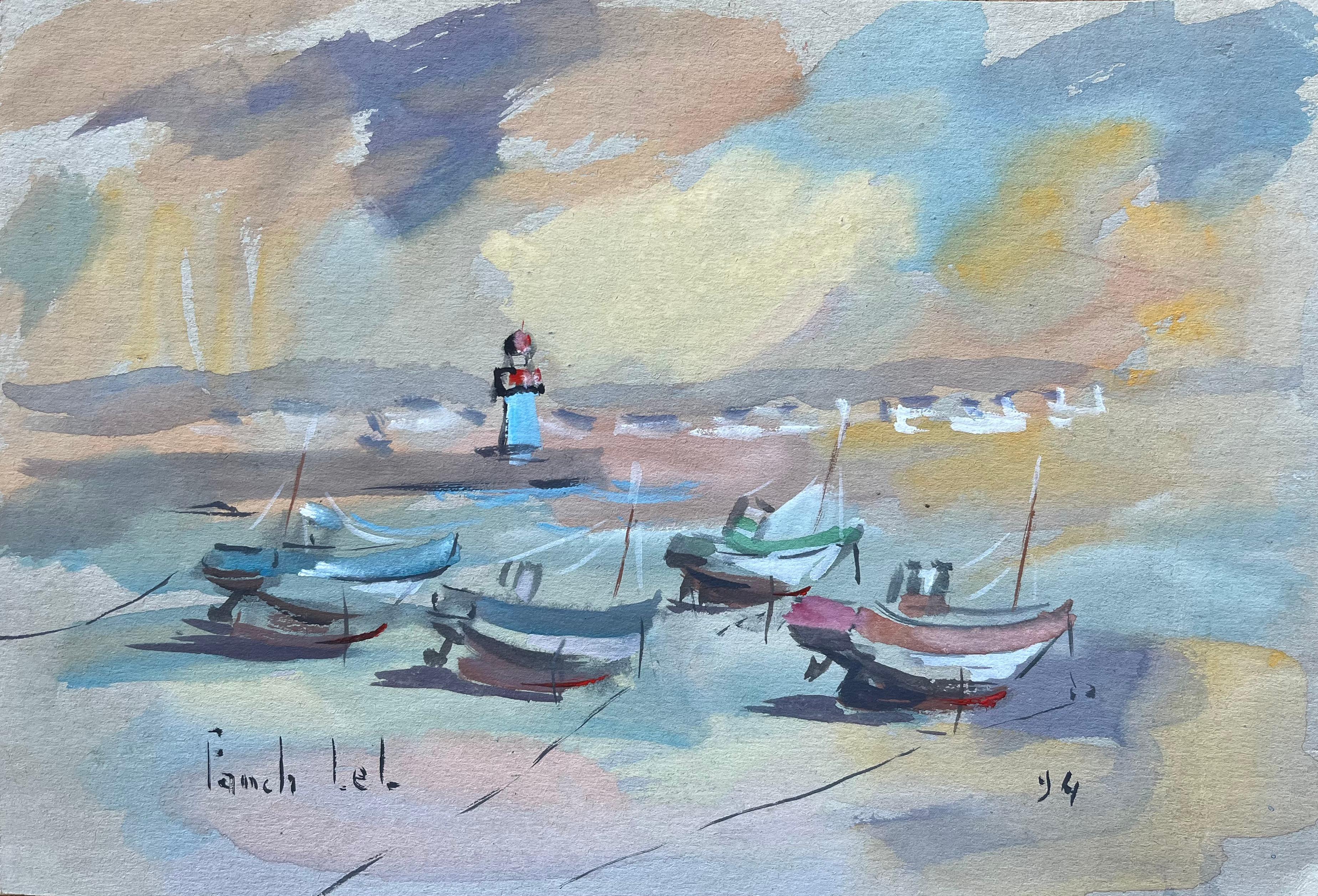 Französische impressionistische Gouache von Strand-Fischbooten und Leuchtturm-