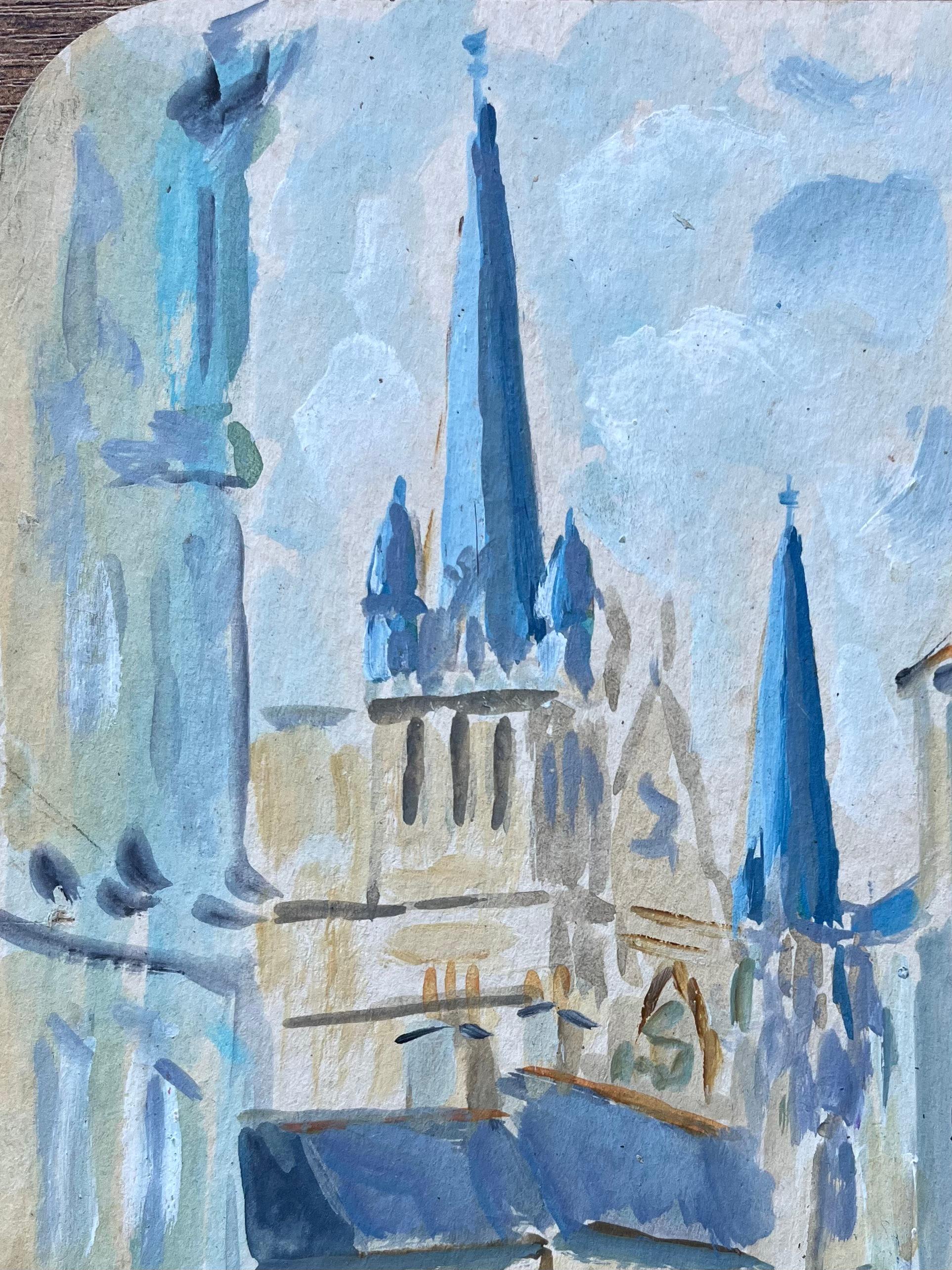 Gouache impressionista francese di cattedrale e case con struttura in legno - Painting di Fanch Lel