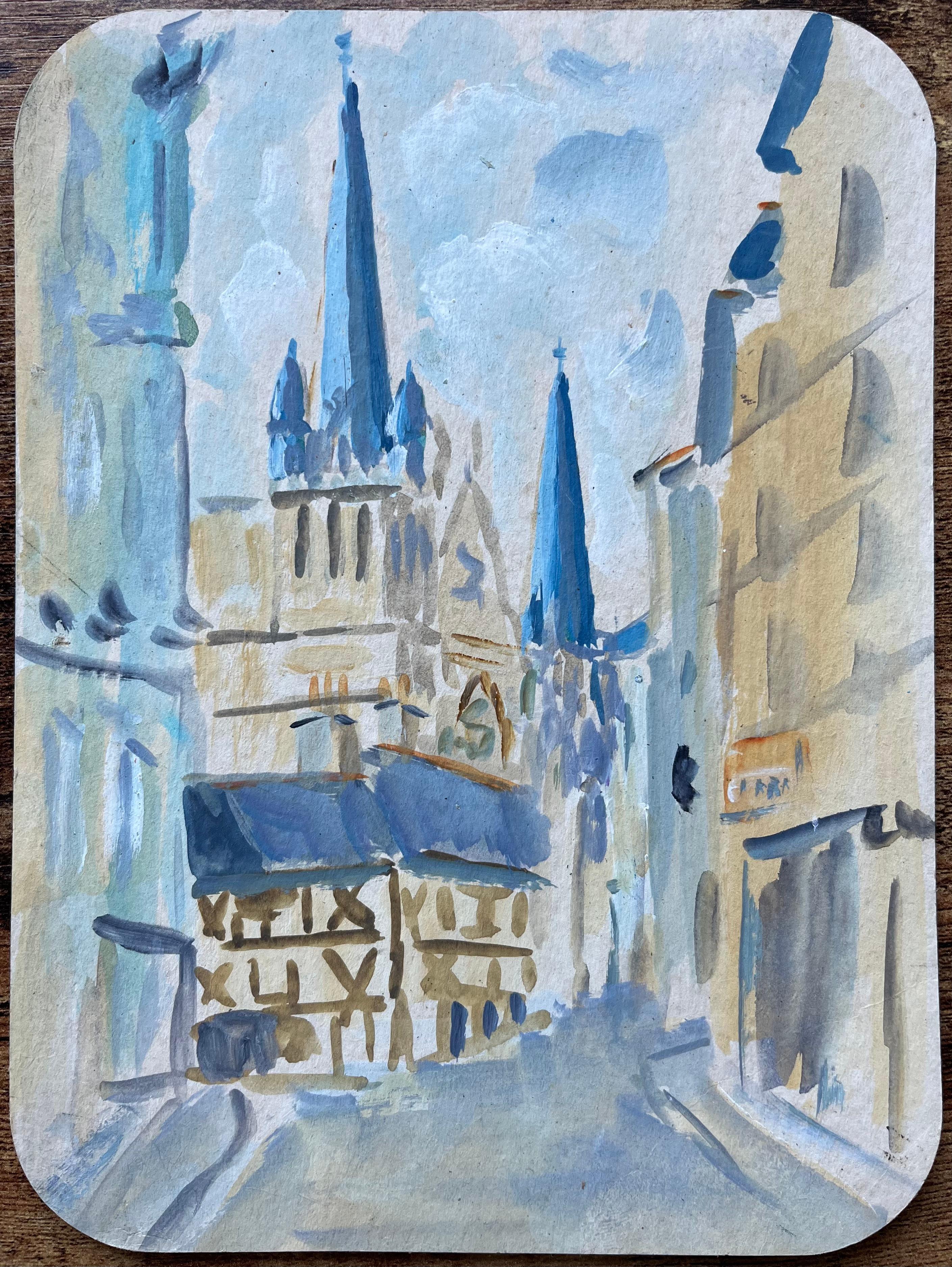 Gouache impressionista francese di cattedrale e case con struttura in legno - Painting Impressionismo di Fanch Lel