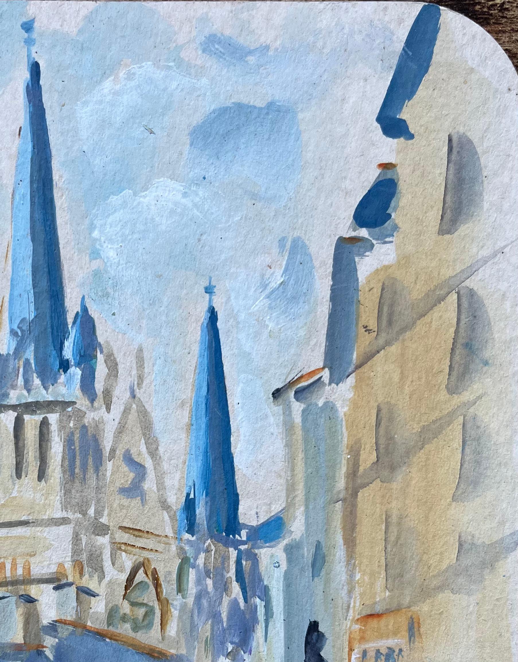 Gouache impressionista francese di cattedrale e case con struttura in legno - Landscape Painting Blu di Fanch Lel
