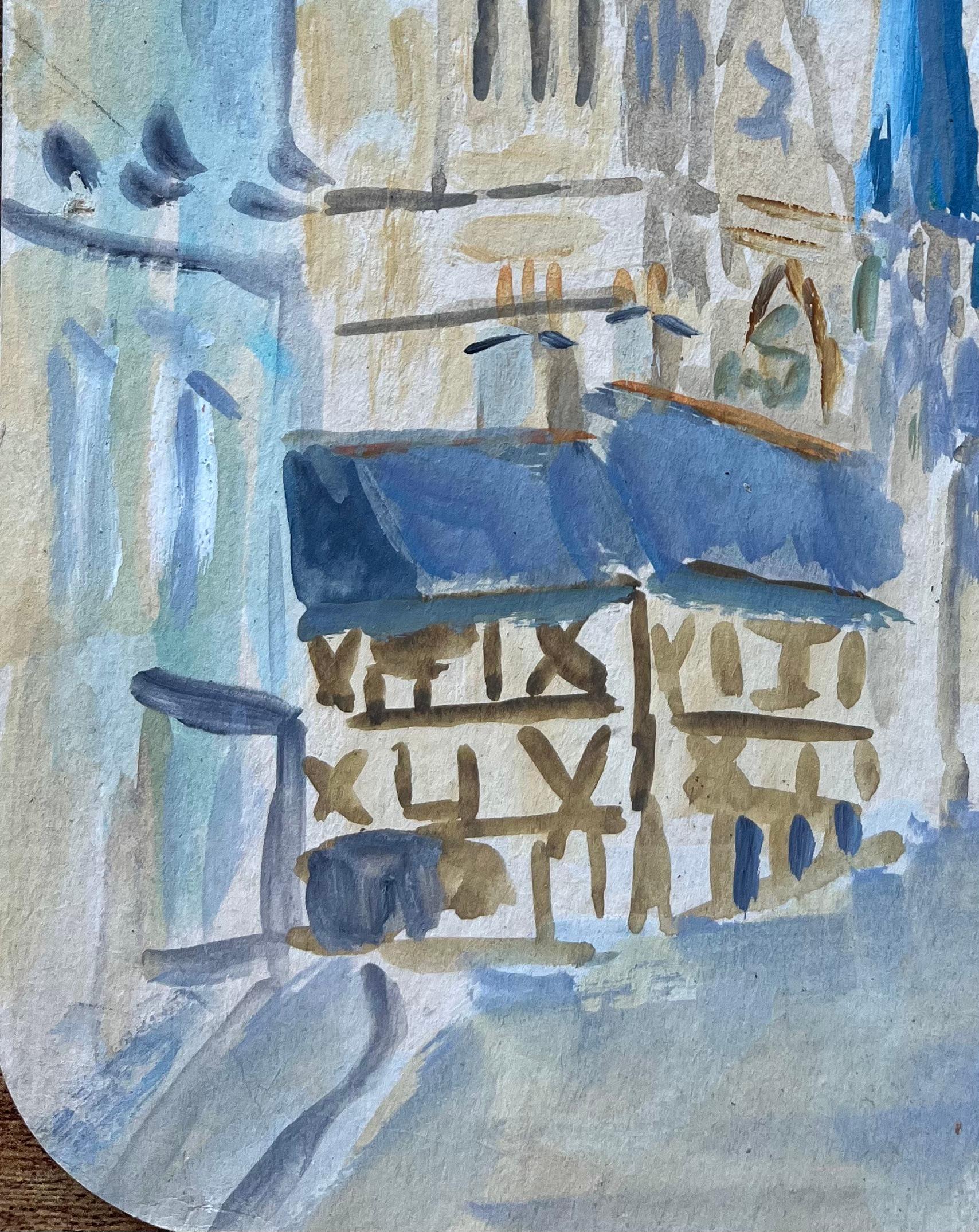 Gouache impressionista francese di cattedrale e case con struttura in legno in vendita 1
