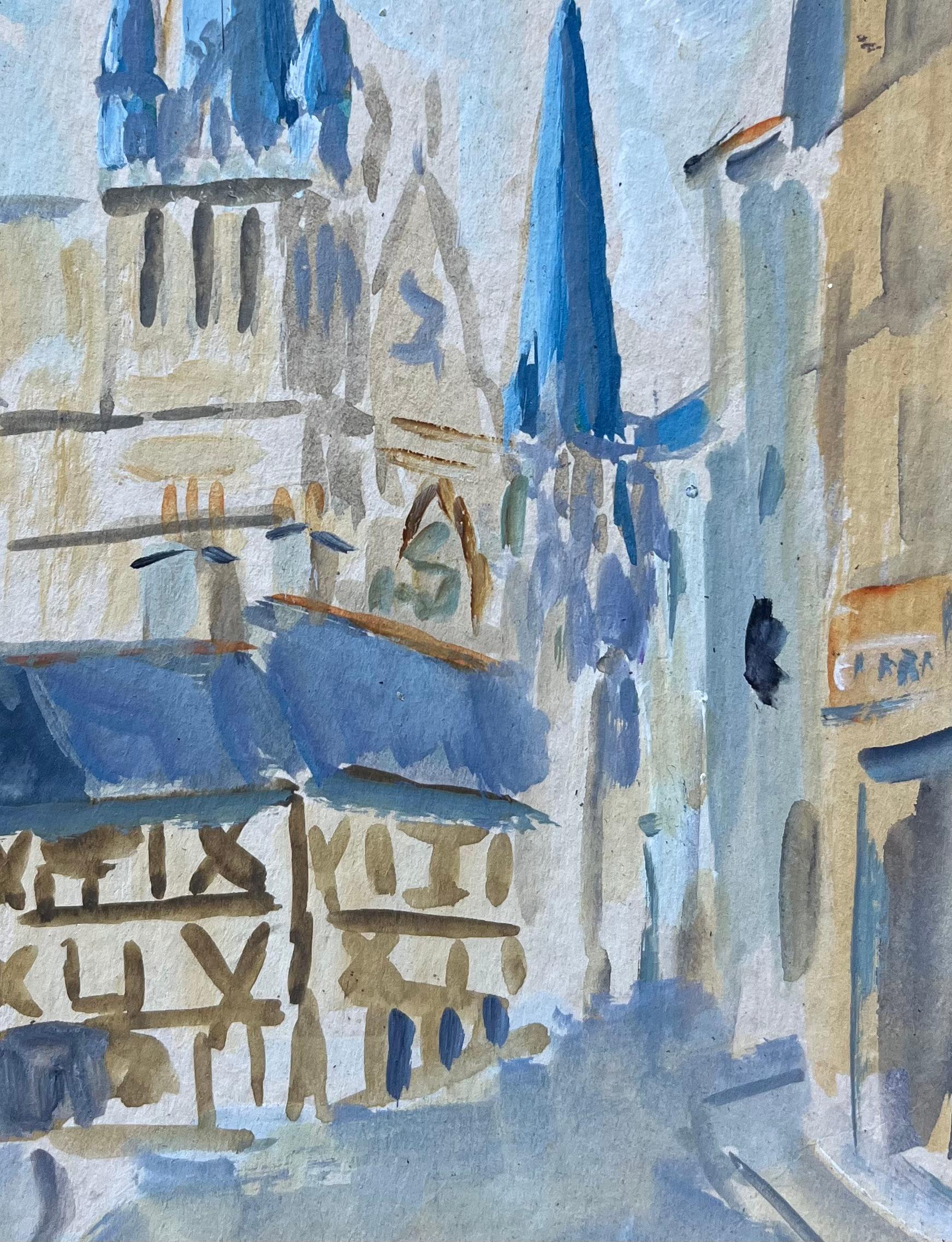 Gouache impressionista francese di cattedrale e case con struttura in legno in vendita 2