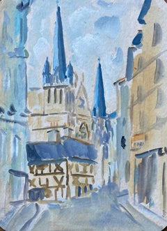 Gouache impressionista francese di cattedrale e case con struttura in legno