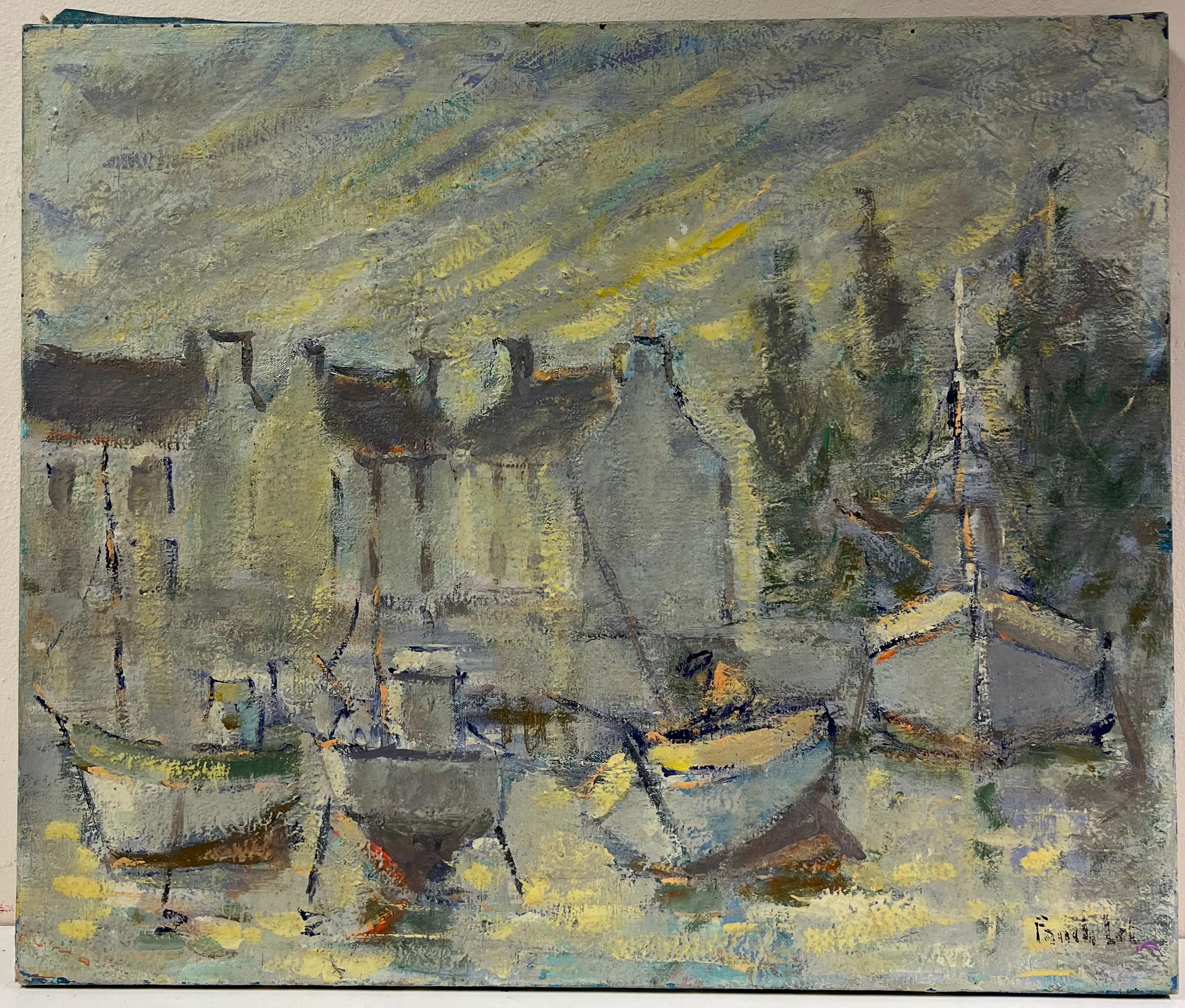 Impressionista francese Barche grigie al porto al crepuscolo con sole scrutatore Paesaggio - Painting di Fanch Lel