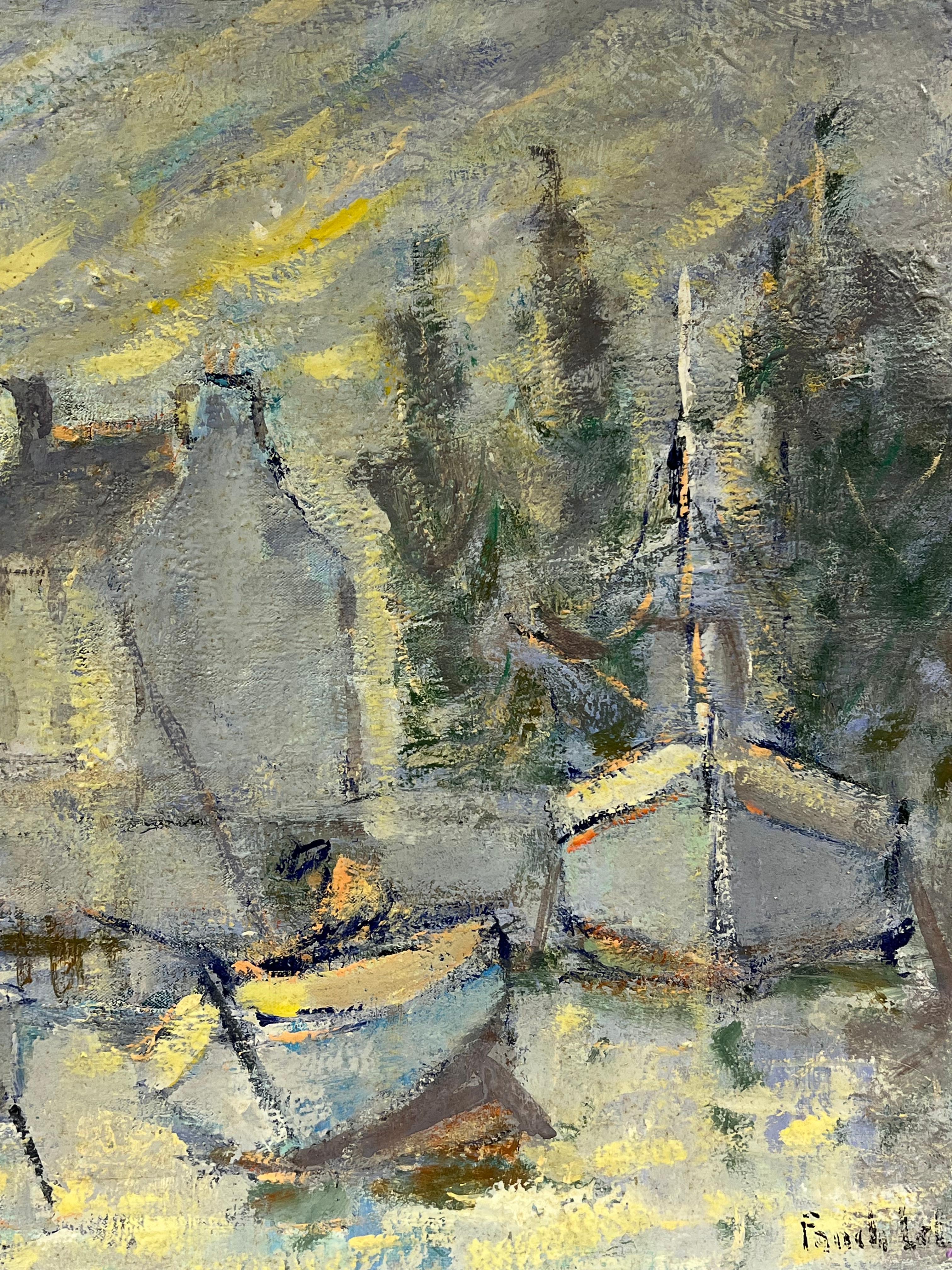Impressionista francese Barche grigie al porto al crepuscolo con sole scrutatore Paesaggio - Painting Impressionismo di Fanch Lel
