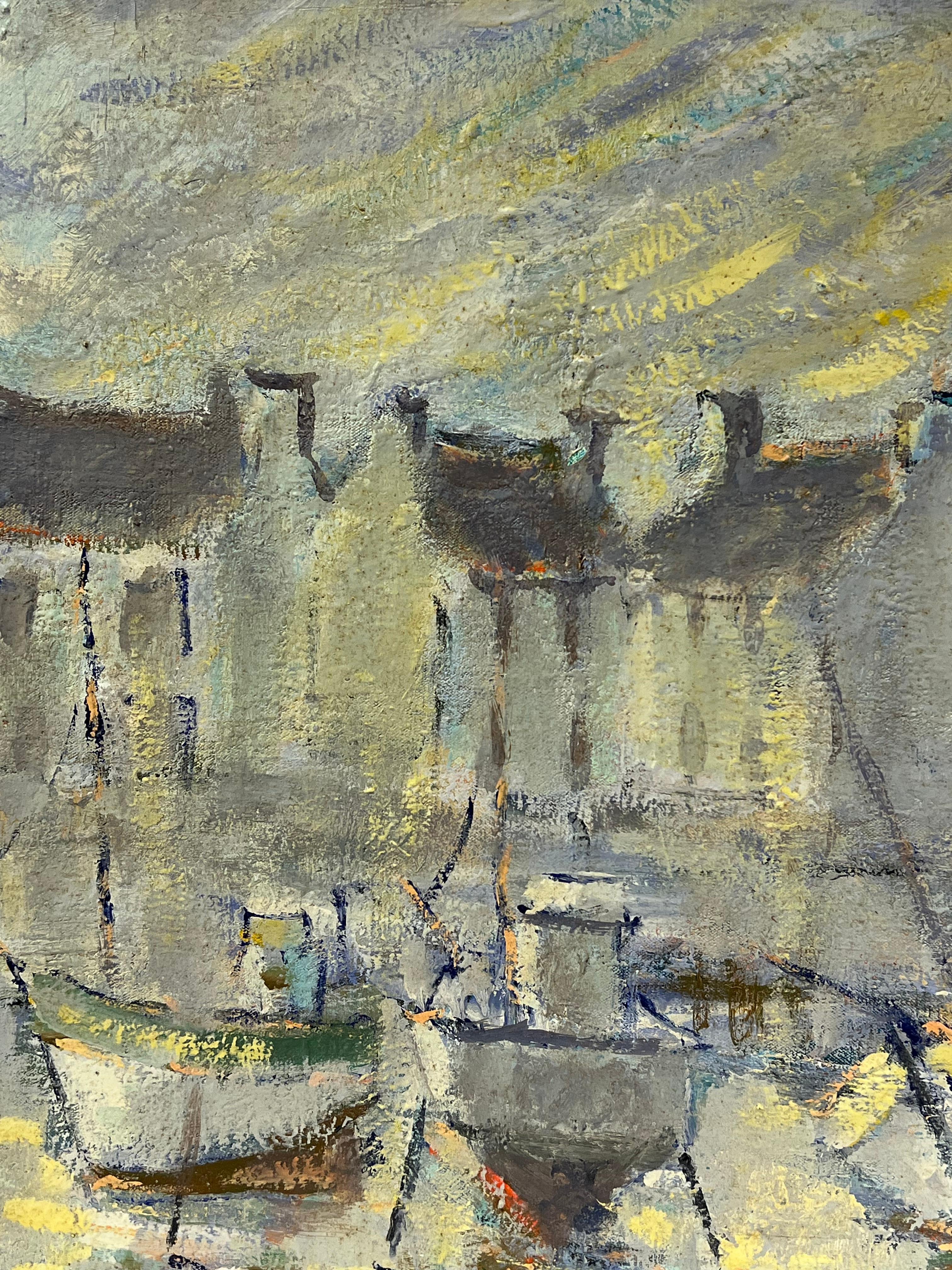 Impressionista francese Barche grigie al porto al crepuscolo con sole scrutatore Paesaggio - Landscape Painting Grigio di Fanch Lel