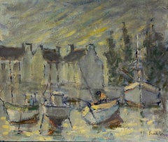 French Impressionist Grey Boats at Harbor at Dusk with Peering Sun Landscape
