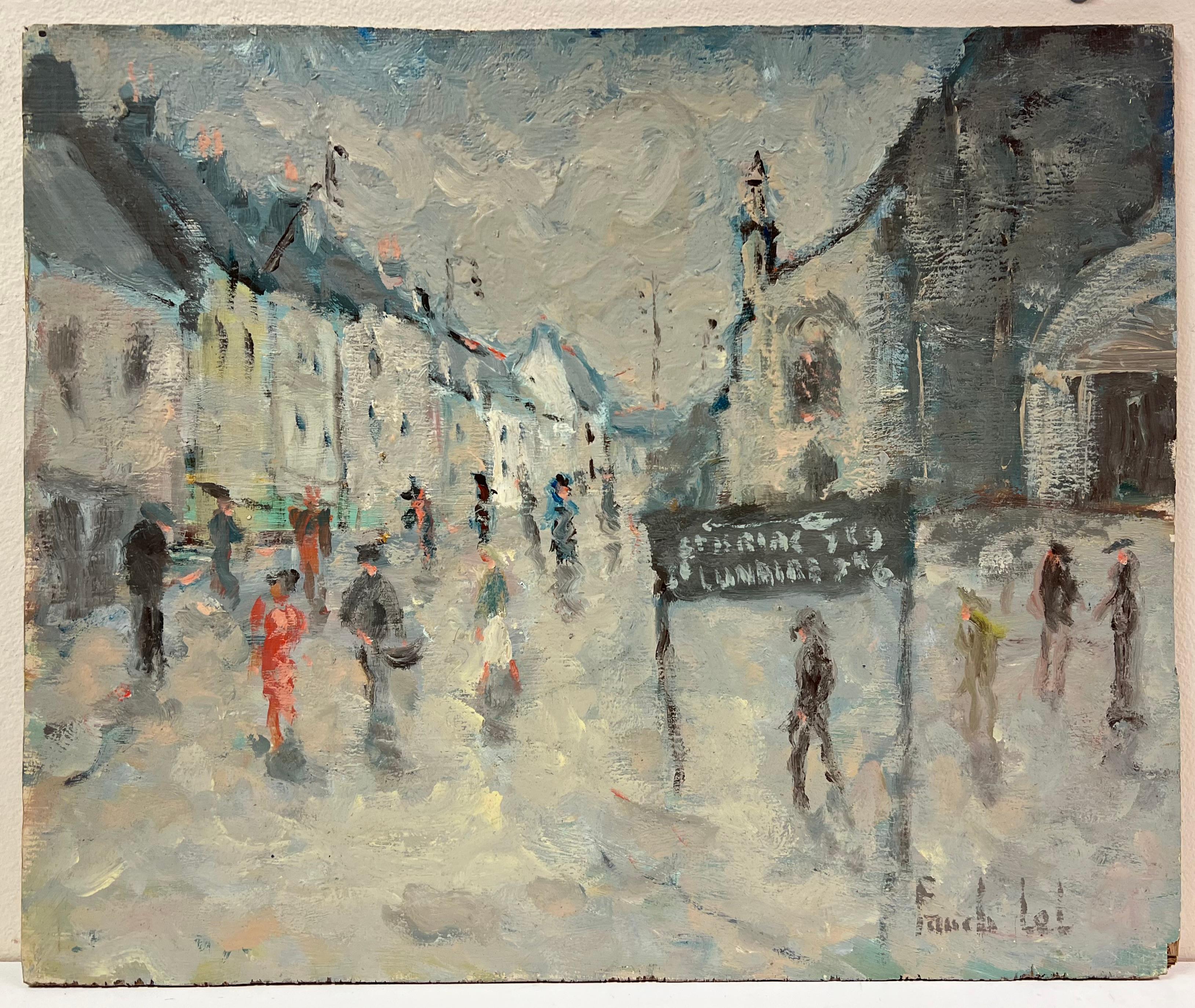 Impressionista francese Grigio giorno di pioggia in un villaggio movimentato Pittura ad olio - Painting di Fanch Lel