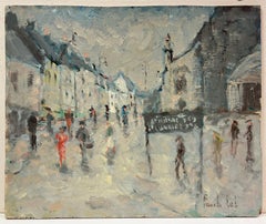 French Impressionist Grey Rainy Day In A Bustling Village Street Oil Painting
