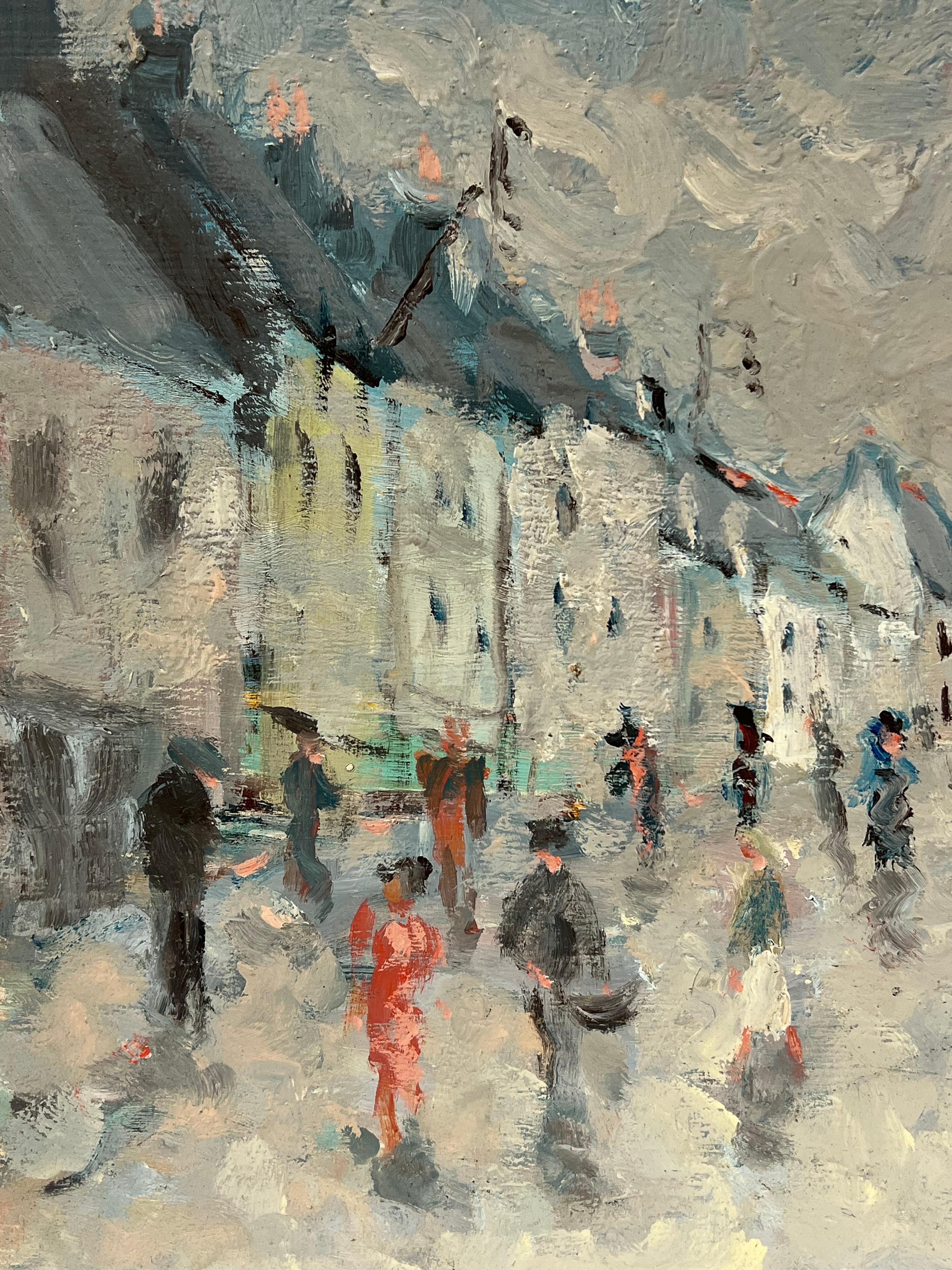 Impressionista francese Grigio giorno di pioggia in un villaggio movimentato Pittura ad olio - Painting Impressionismo di Fanch Lel
