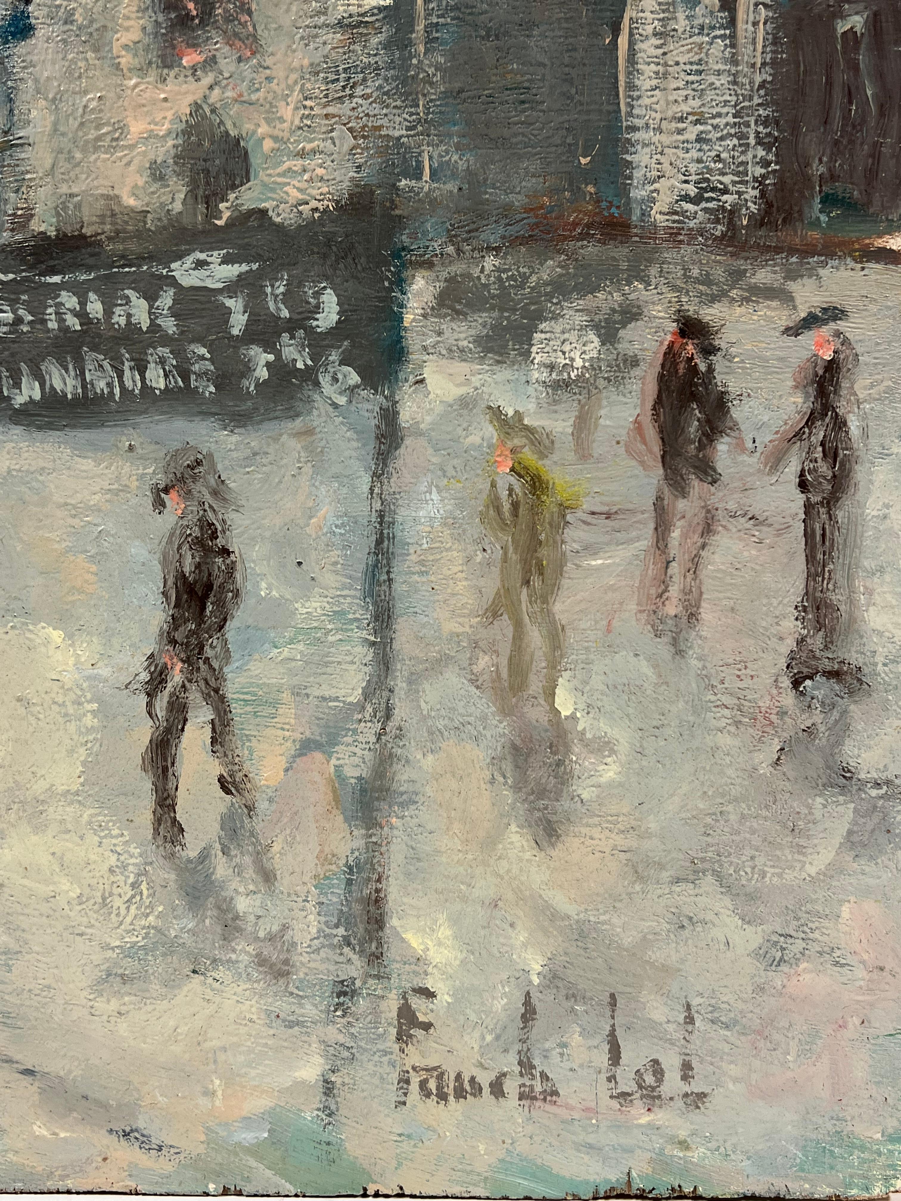 Impressionista francese Grigio giorno di pioggia in un villaggio movimentato Pittura ad olio in vendita 1