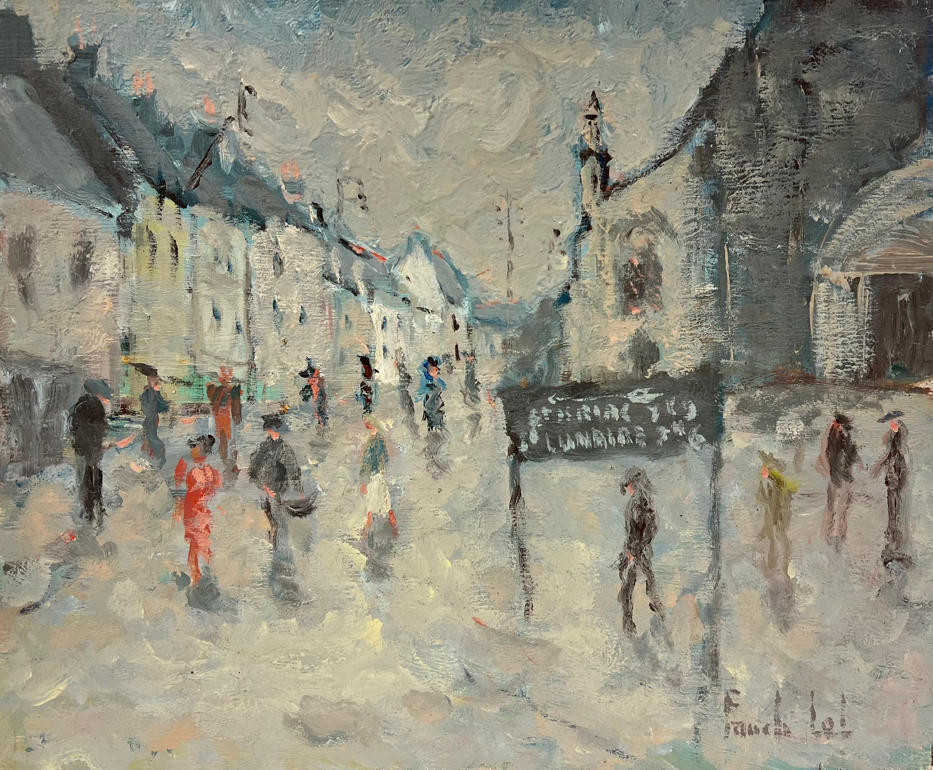 Figurative Painting di Fanch Lel - Impressionista francese Grigio giorno di pioggia in un villaggio movimentato Pittura ad olio
