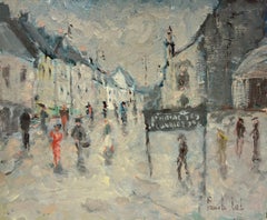 Impressionista francese Grigio giorno di pioggia in un villaggio movimentato Pittura ad olio