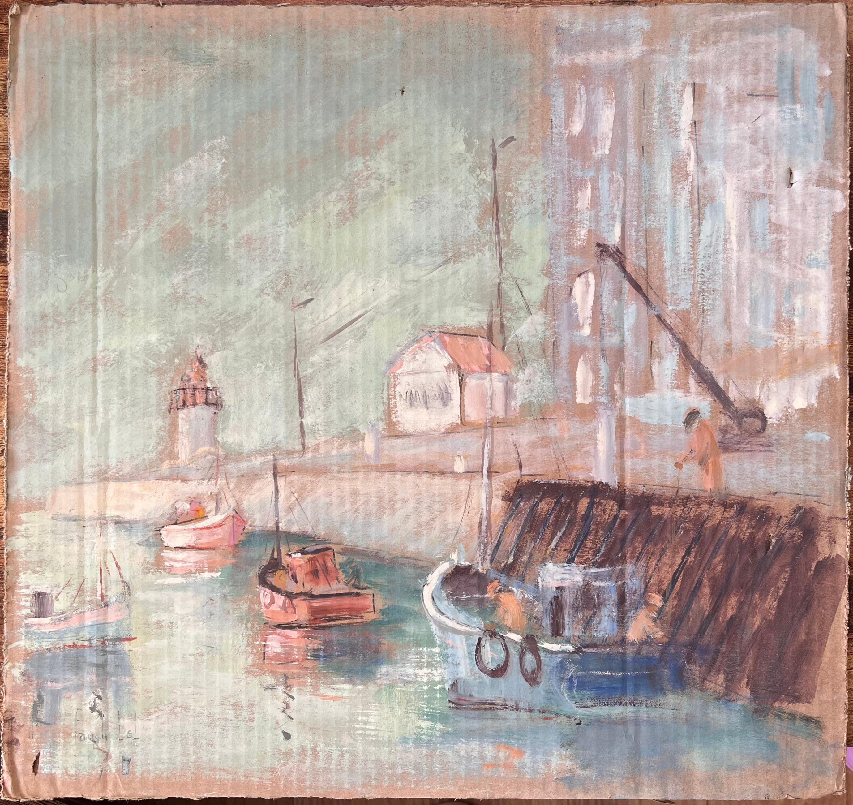 Französischer Impressionist Hafenszene in Fécamp Normandie mit Leuchtturm und Booten – Painting von Fanch Lel