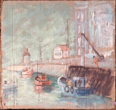 Escena portuaria impresionista francesa en Fécamp Normandía con faro y barcos