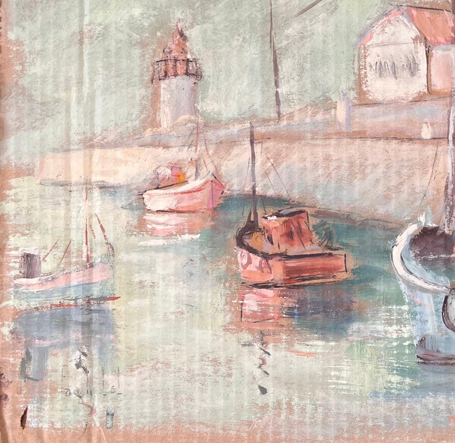 Französischer Impressionist Hafenszene in Fécamp Normandie mit Leuchtturm und Booten (Impressionismus), Painting, von Fanch Lel
