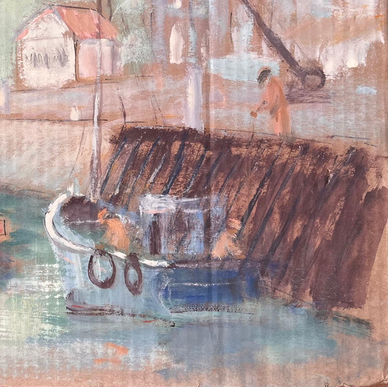 Französischer Impressionist Hafenszene in Fécamp Normandie mit Leuchtturm und Booten (Grau), Landscape Painting, von Fanch Lel