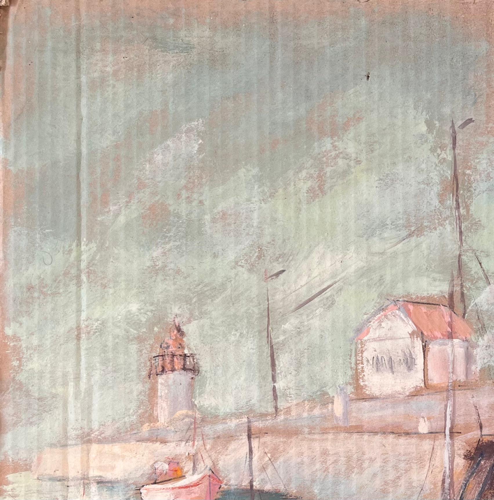 Französischer Impressionist Hafenszene in Fécamp Normandie mit Leuchtturm und Booten im Angebot 1