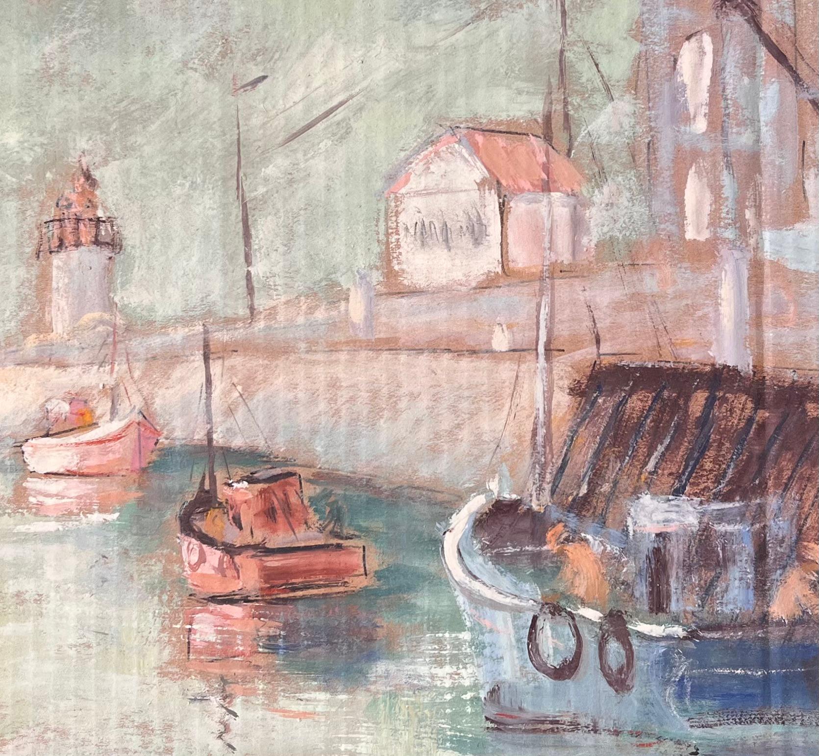 Französischer Impressionist Hafenszene in Fécamp Normandie mit Leuchtturm und Booten im Angebot 2