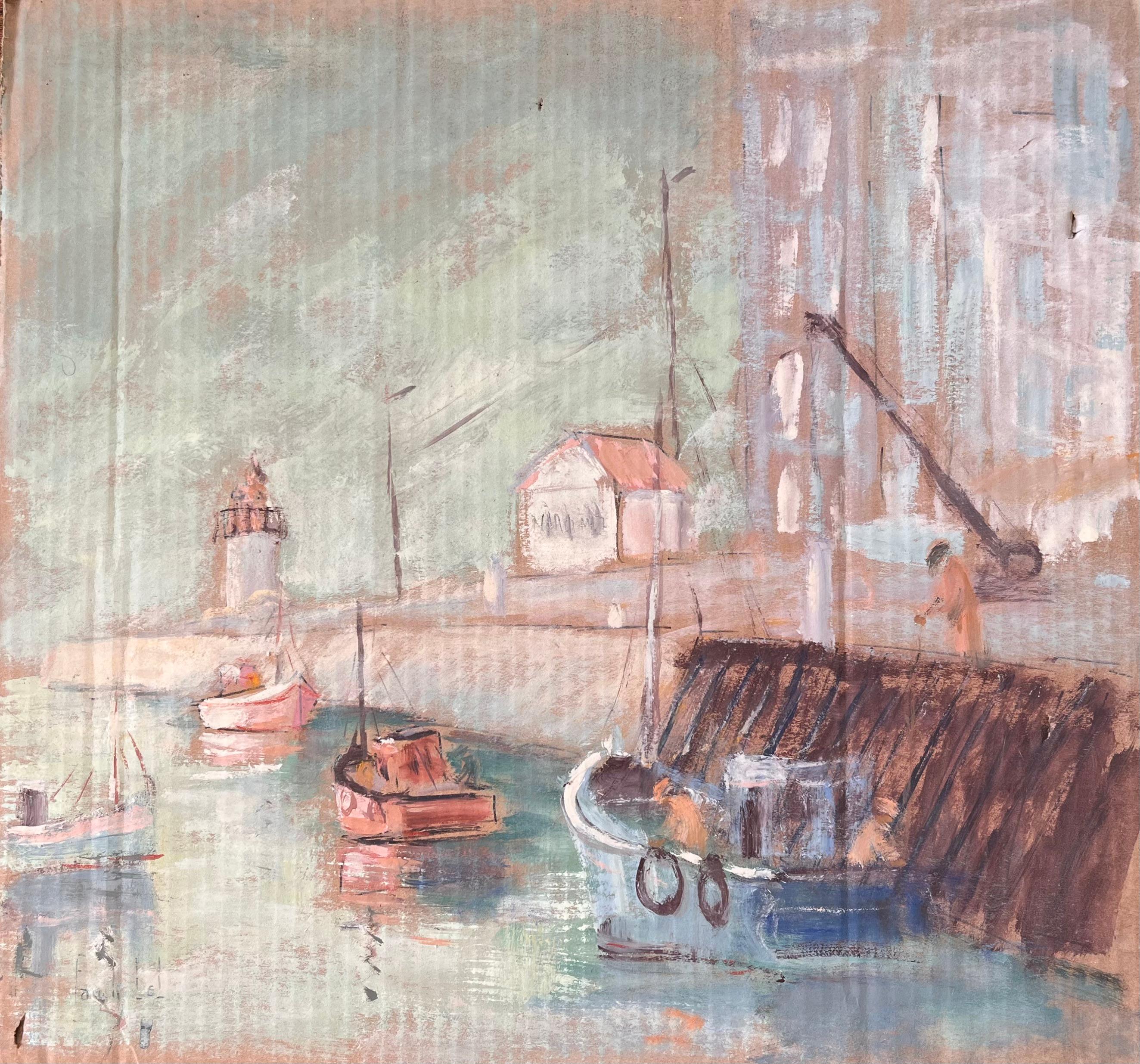 French Impressionist Harbour Scene in Fécamp Normandy with Lighthouse and Boats