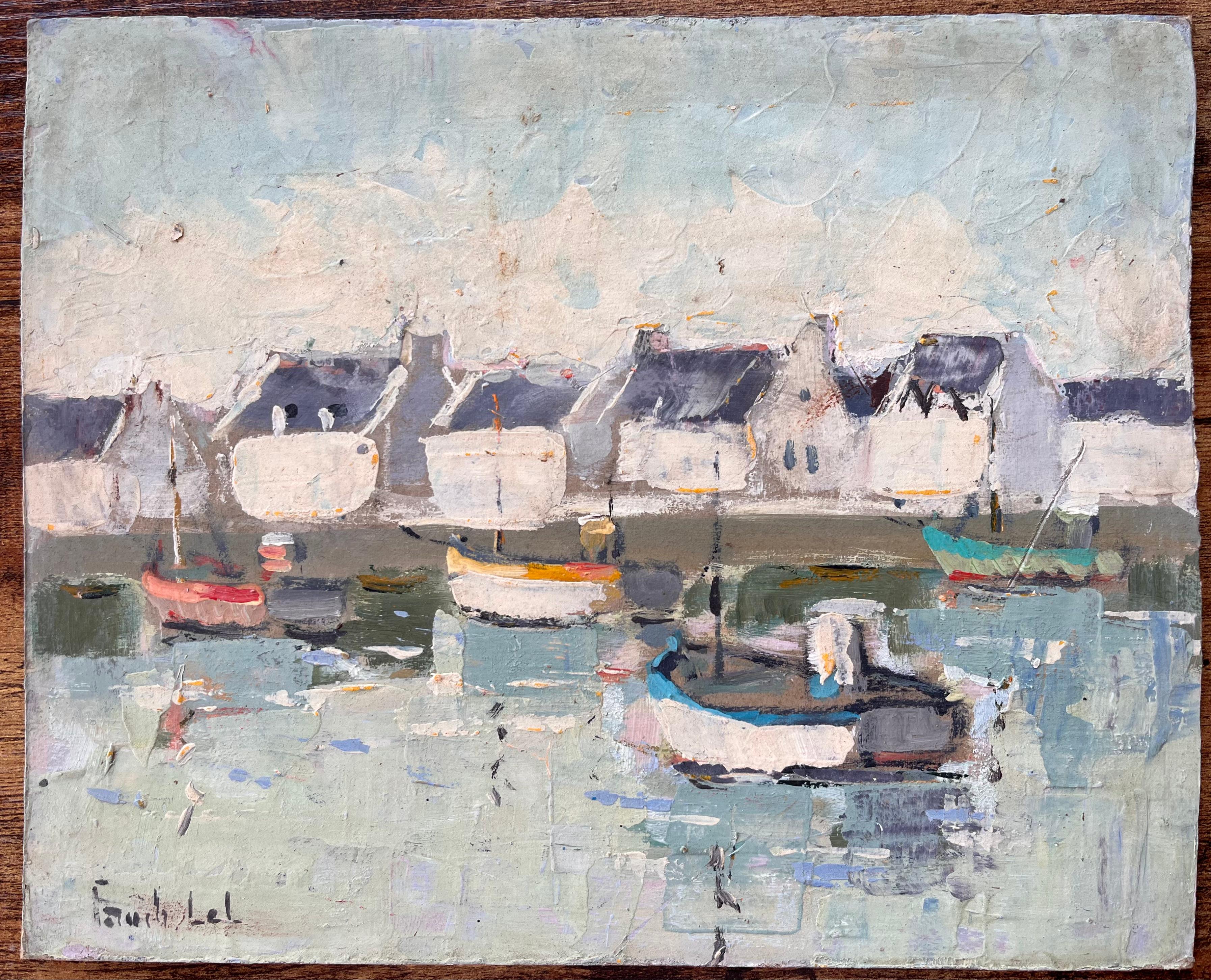 Französischer Impressionist Hafenszene in Le Guilvinec Finistère mit vertäuten Booten – Painting von Fanch Lel