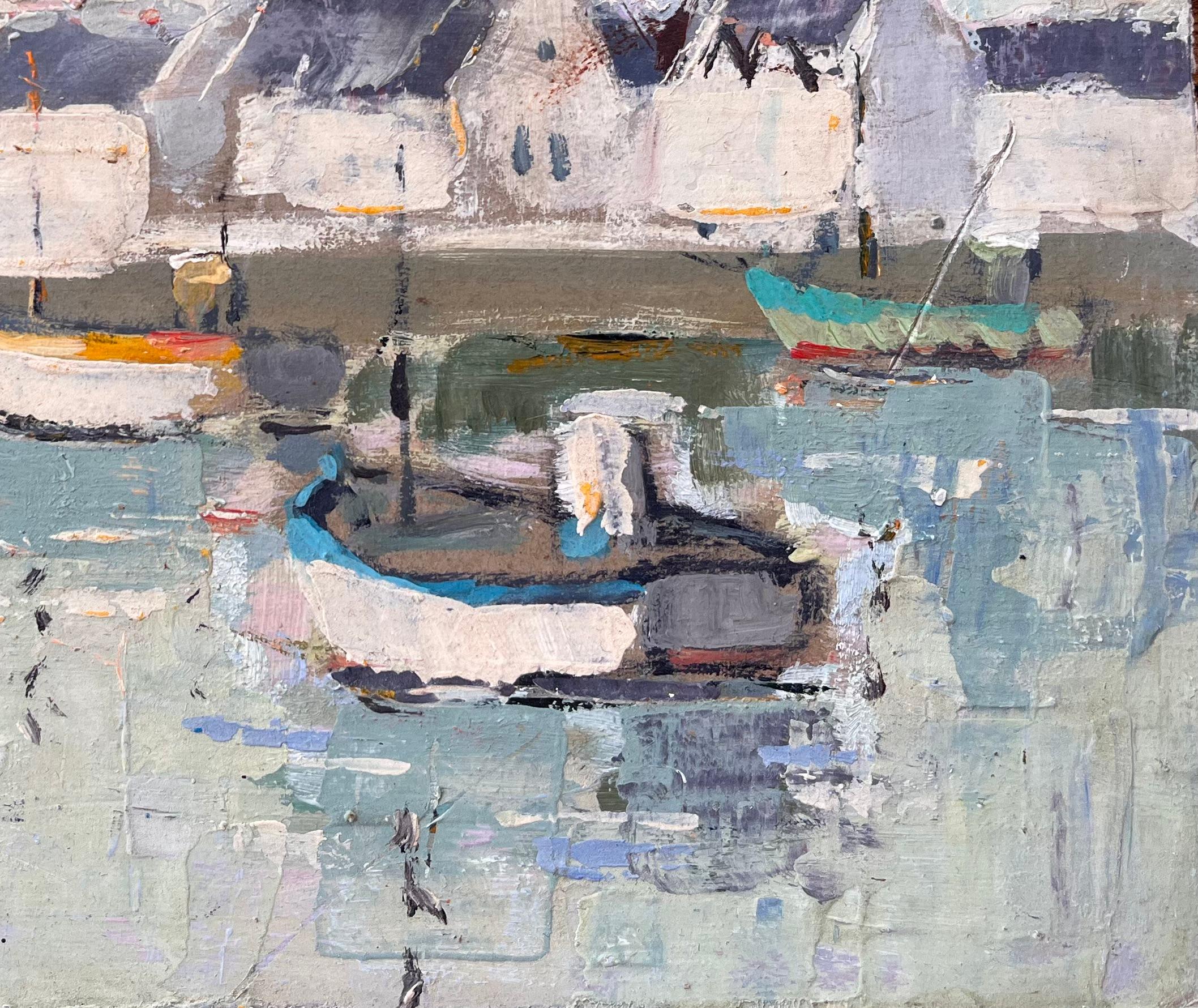 Französischer Impressionist Hafenszene in Le Guilvinec Finistère mit vertäuten Booten (Grau), Abstract Painting, von Fanch Lel