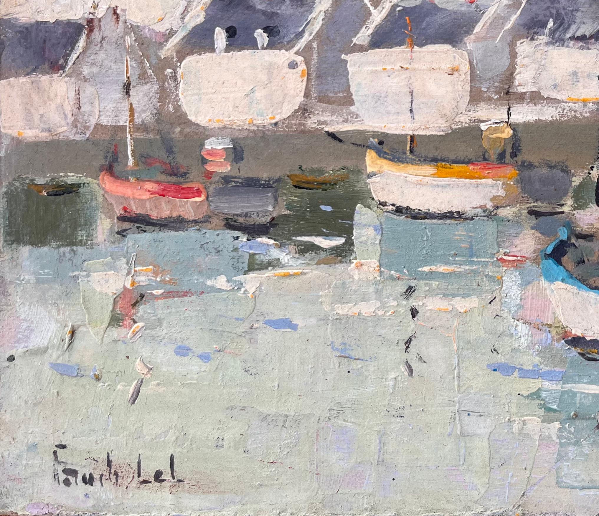 Titel: Französischer Impressionist Hafenszene in Le Guilvinec Finistère mit vertäuten Booten
Von Fanch Lel
Unterschrieben: Ja
Größe: 9,5 x 11,75 Zoll (Höhe x Breite)
Ölgemälde auf Karton, ungerahmt
Zustand: Das Gemälde ist in gutem Zustand mit