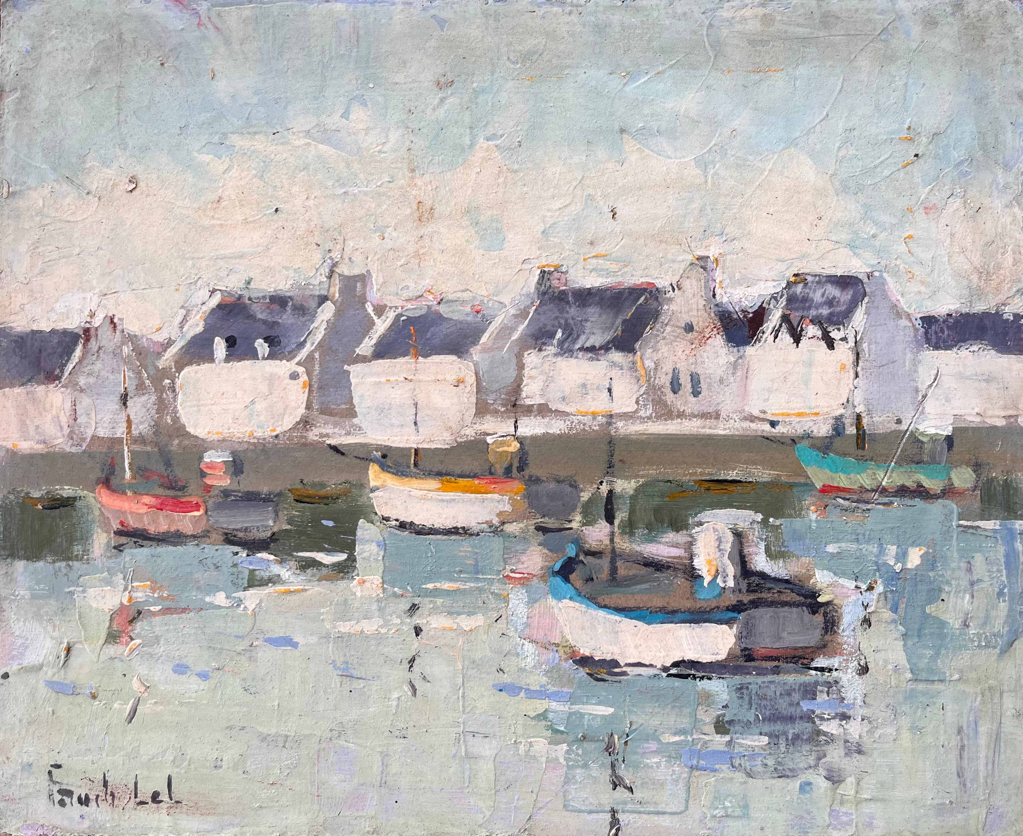 Fanch Lel Abstract Painting – Französischer Impressionist Hafenszene in Le Guilvinec Finistère mit vertäuten Booten