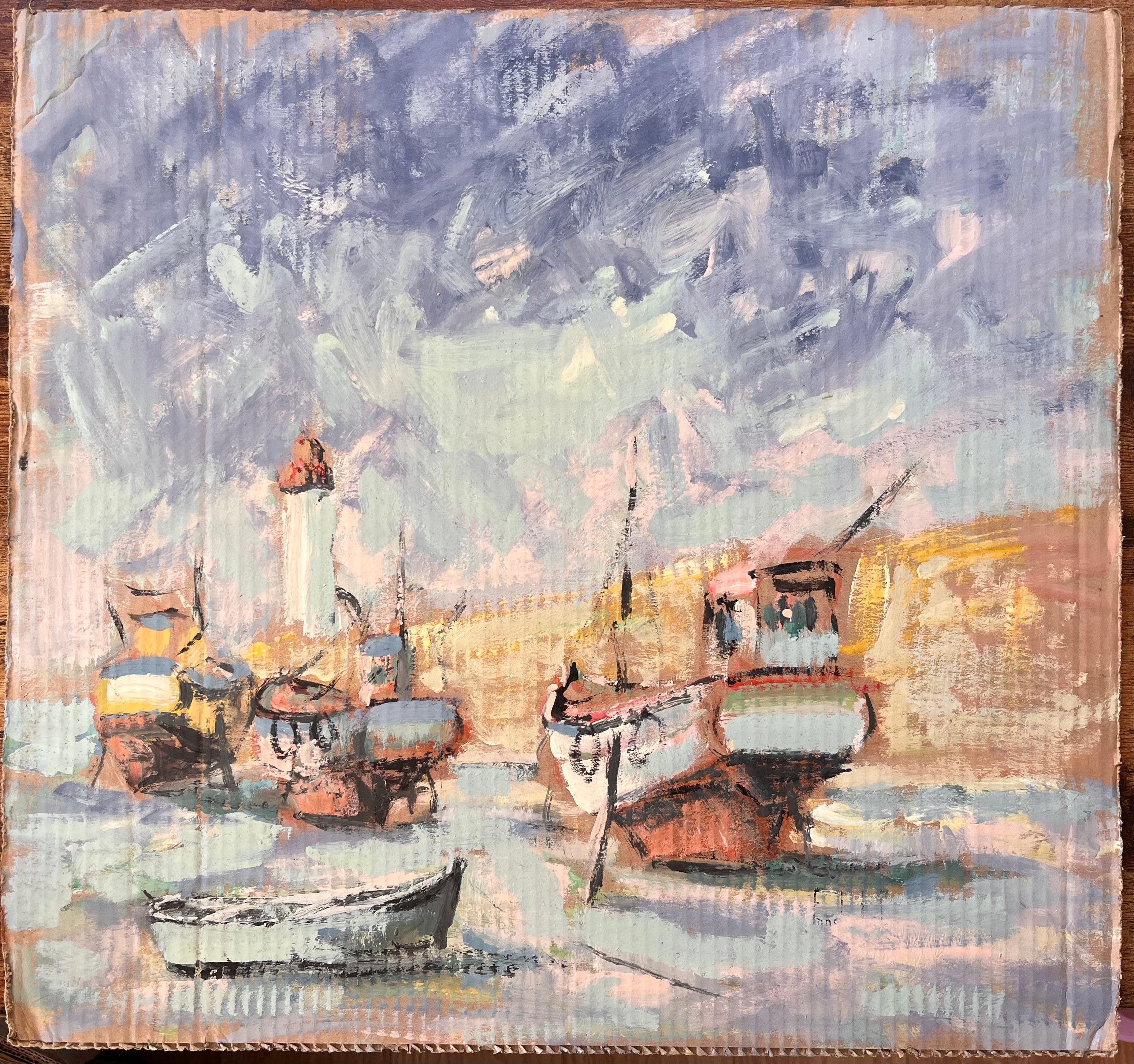 Französischer Impressionismus - Hafenszene mit Booten und Leuchtturm in Erquy – Painting von Fanch Lel