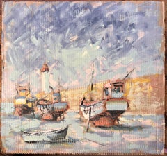 French Impressionist Harbour Scene with Boats and Lighthouse in Erquy