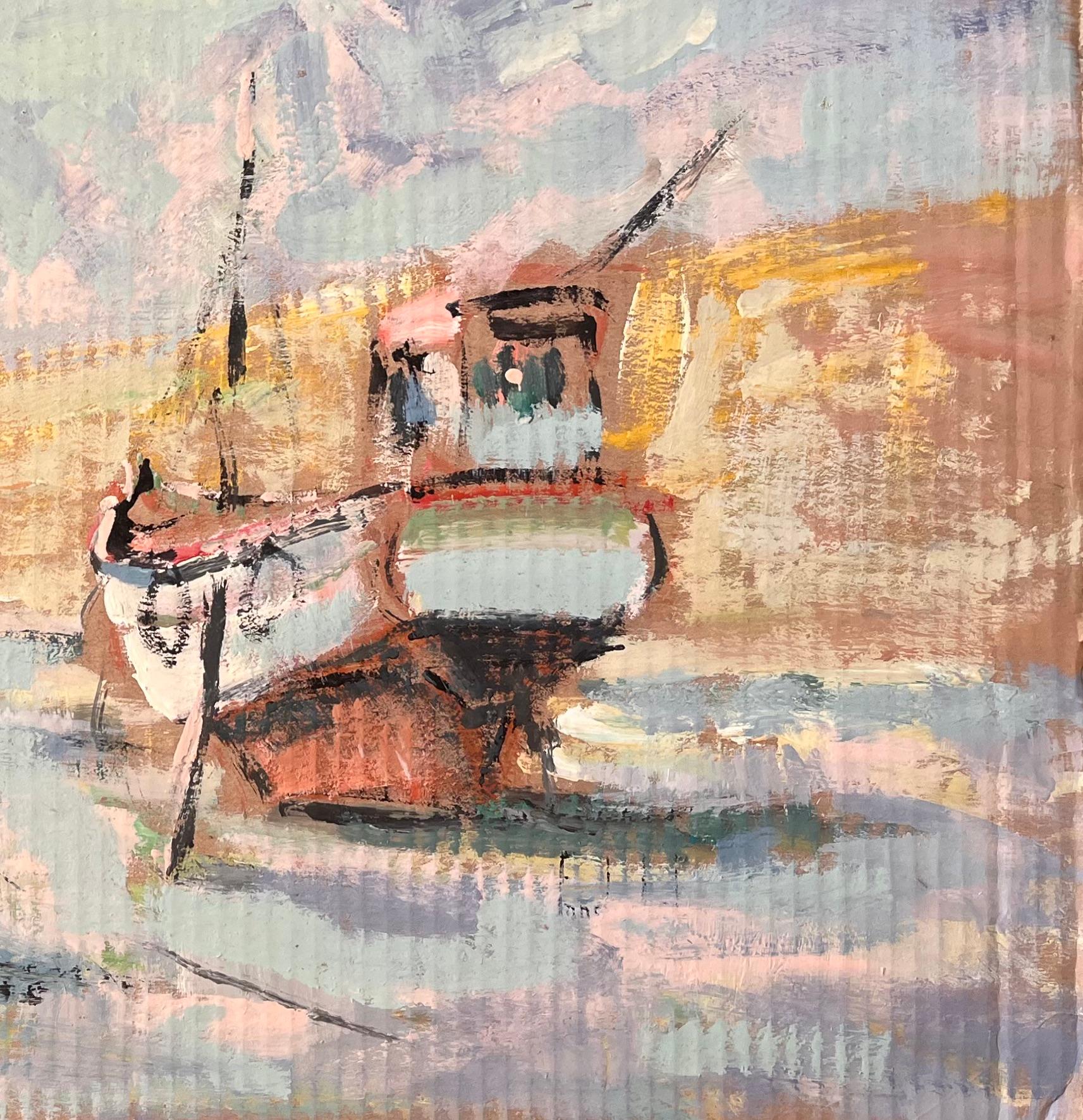 Titel: Französischer Impressionismus Hafenszene mit Booten und Leuchtturm in Erquy
Von Fanch Les
Unterschrieben: Ja
Größe: 19,25 x 20,5 Zoll (Höhe x Breite)
Ölgemälde auf Karton, ungerahmt
Zustand: Das Gemälde ist in gutem Zustand mit
